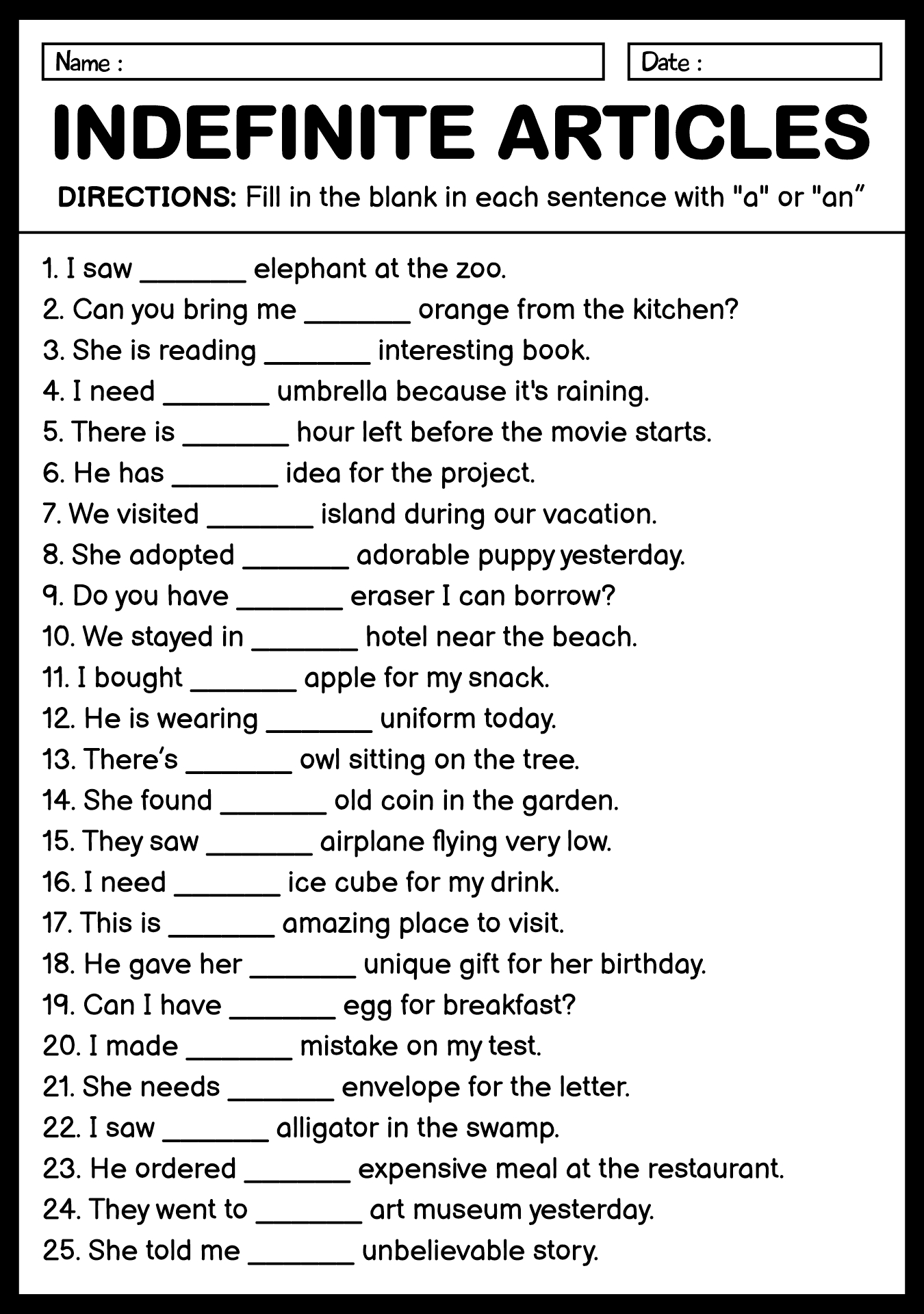 English Articles Exercise Sheet