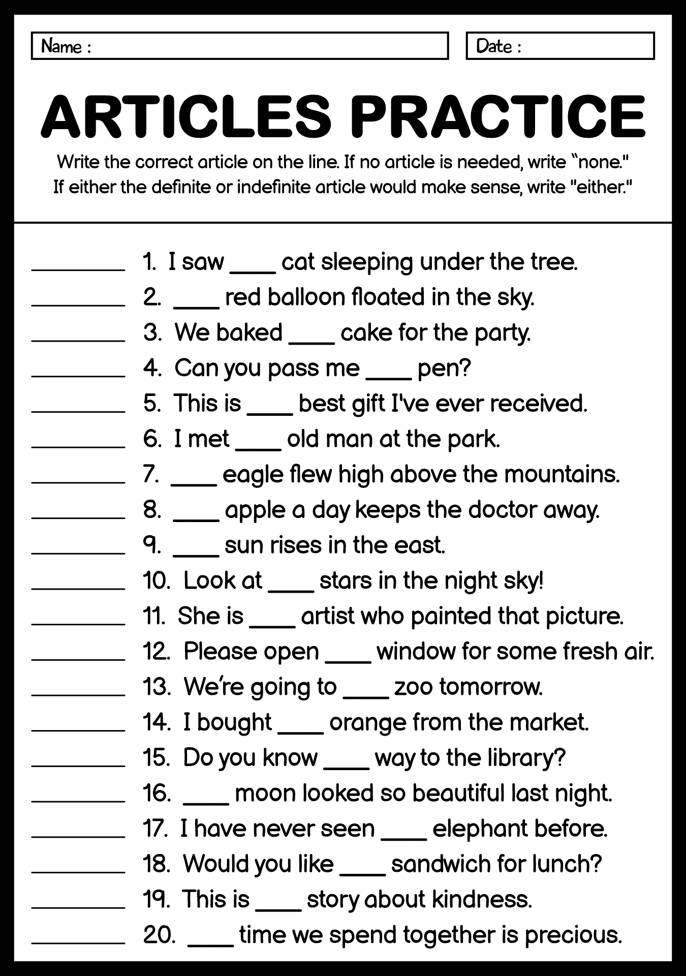 English Articles Practice Worksheet