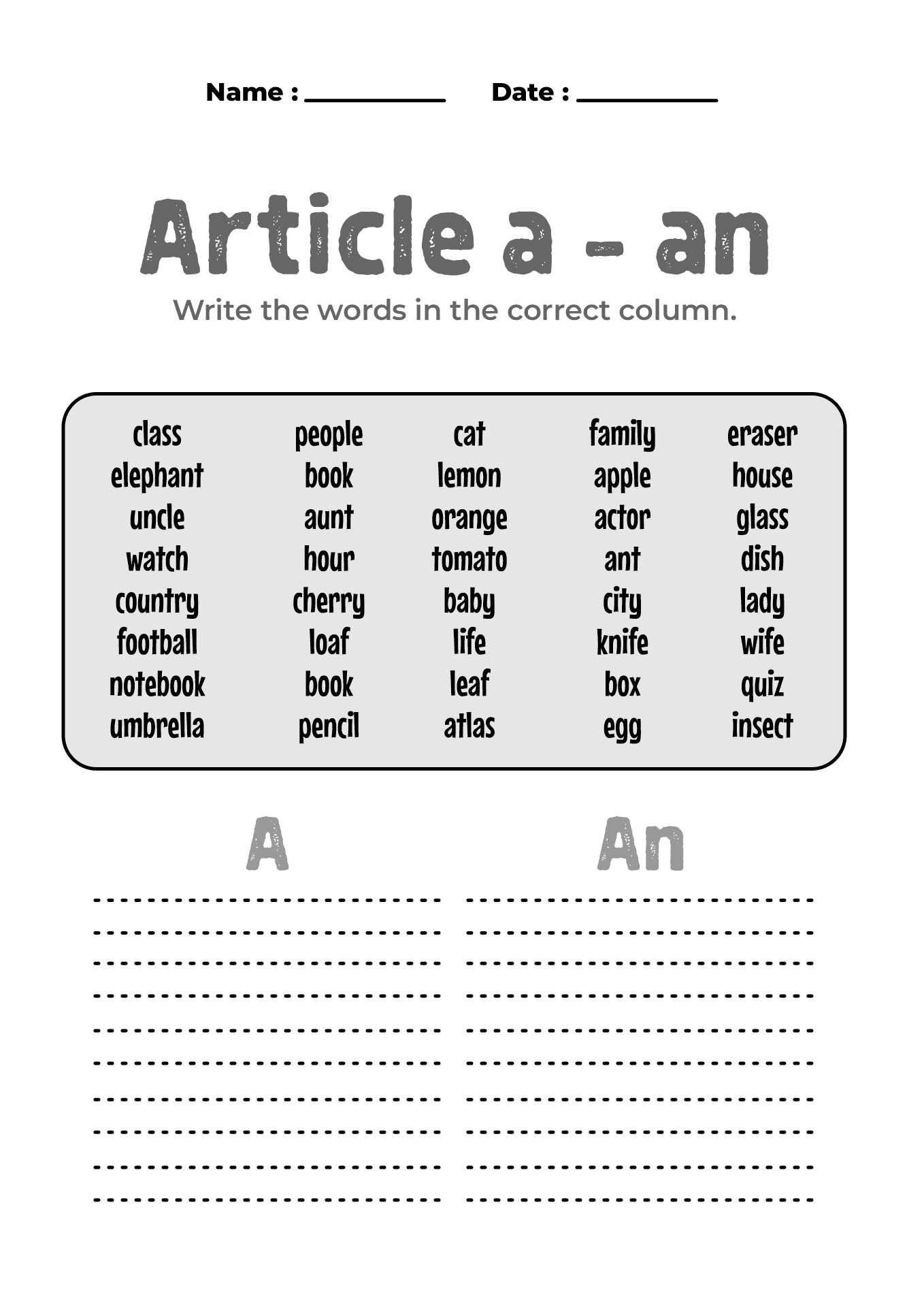 English Articles Worksheet for Beginners