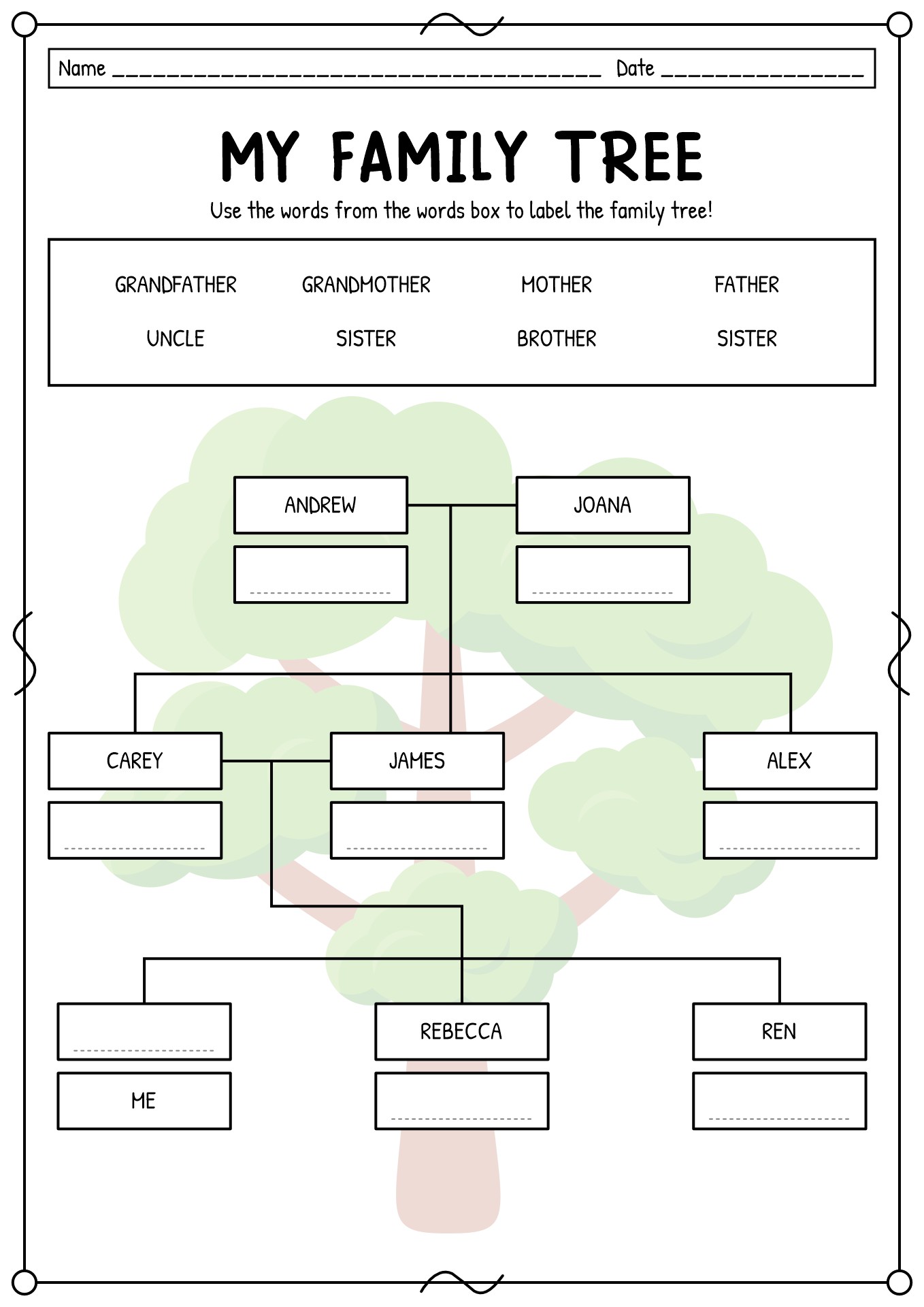 ESL Class Family Tree Activity Worksheet