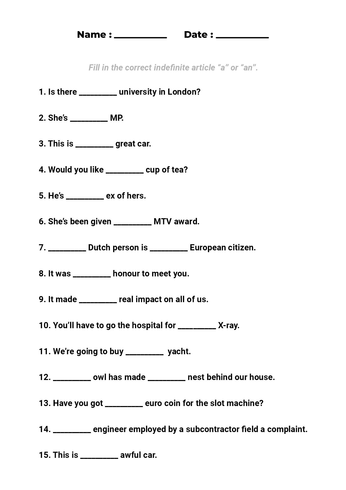 ESL English Grammar Articles Exercises Worksheet