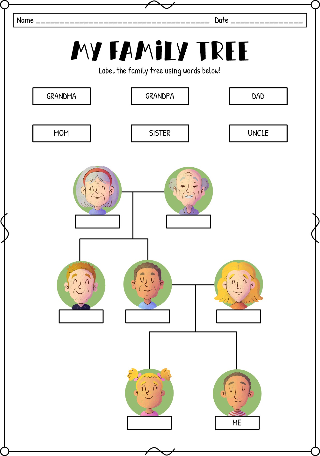 Family Tree English Learning Worksheet for ESL