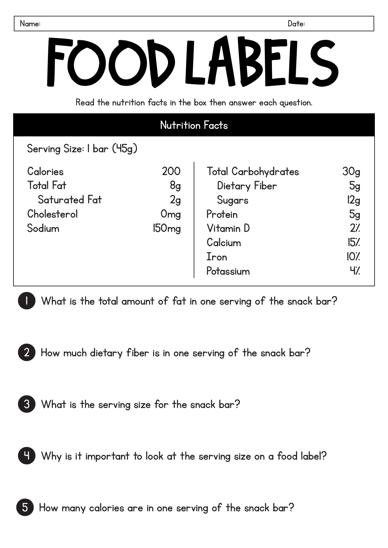 Food Labels Reading Worksheets