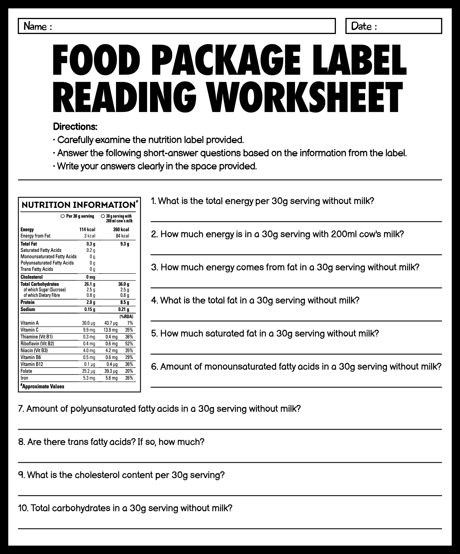 Food Package Label Reading Worksheets