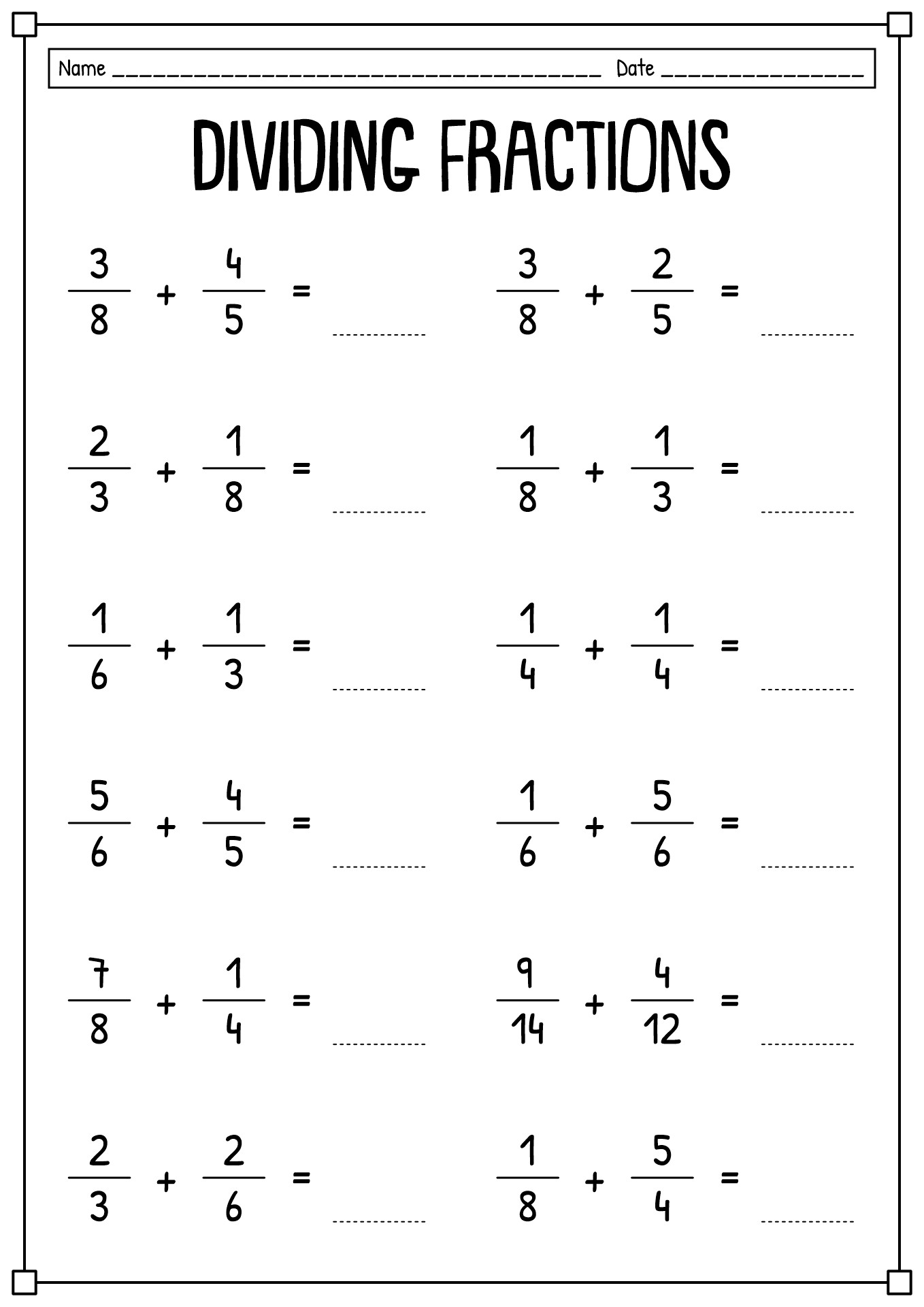 Fractions Fun Sheets for 7th Graders