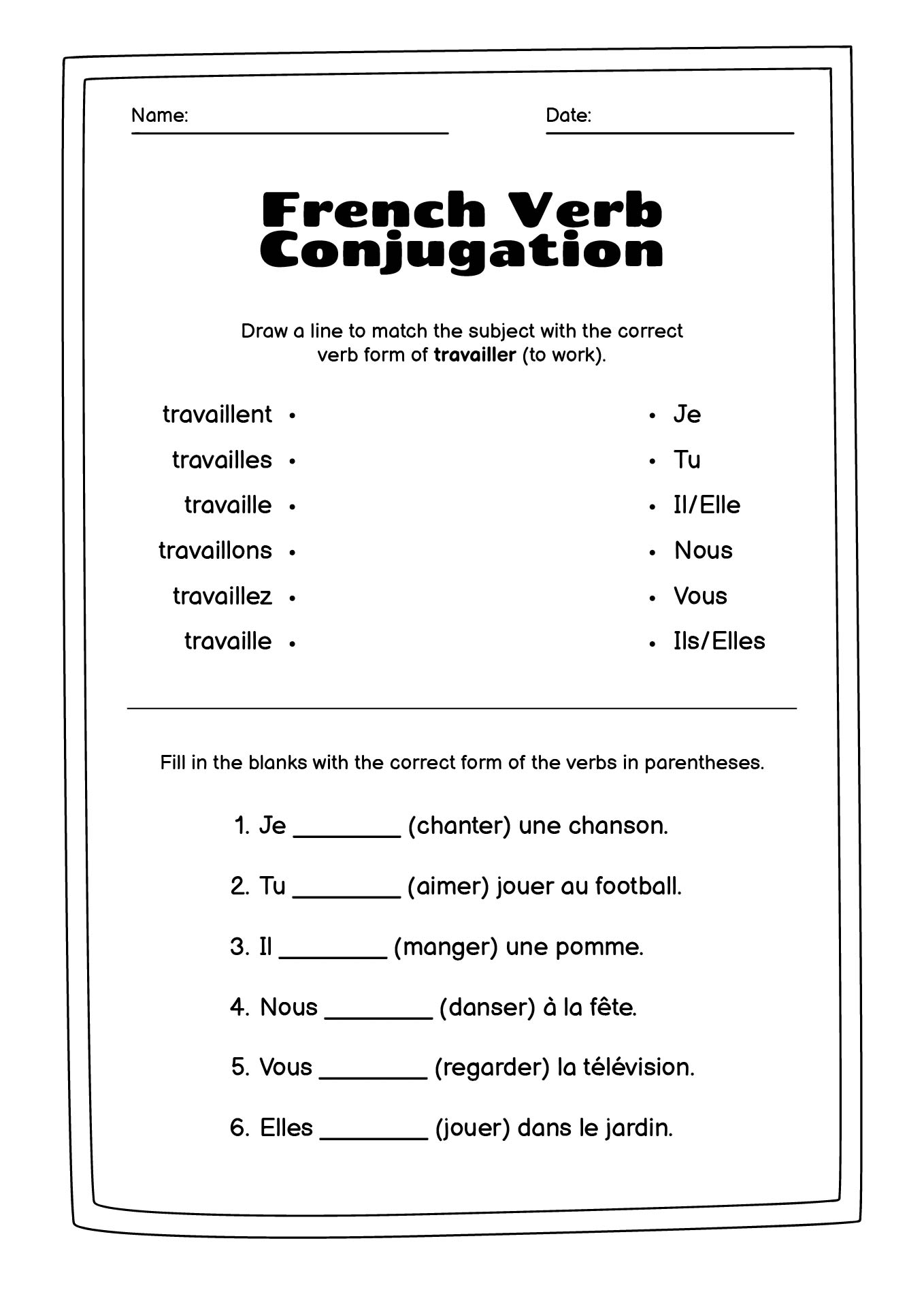 French ER Verb Conjugation Worksheet For Kids