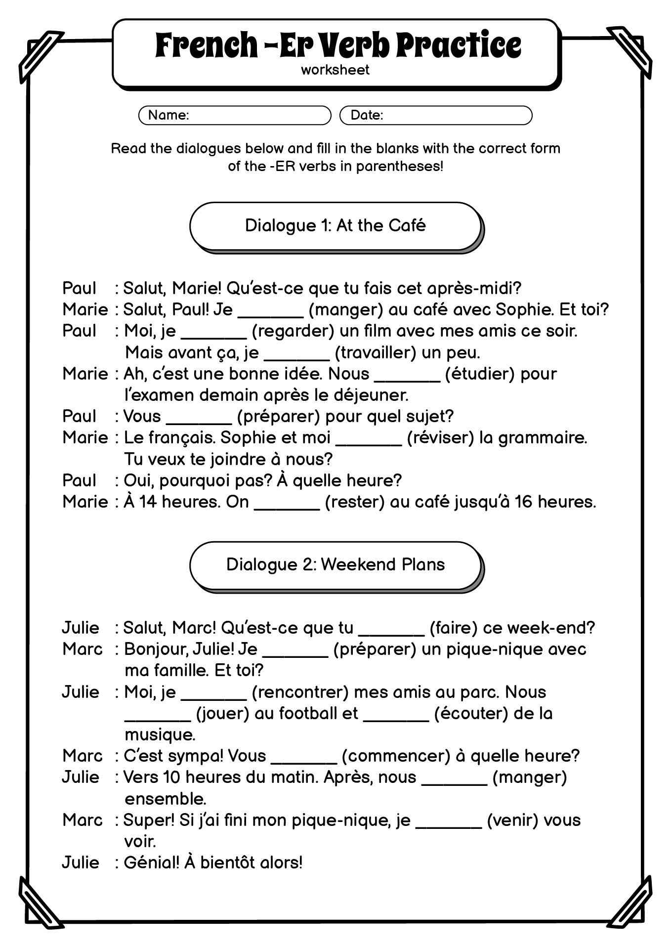 French ER Verb Practice Worksheet For Beginners