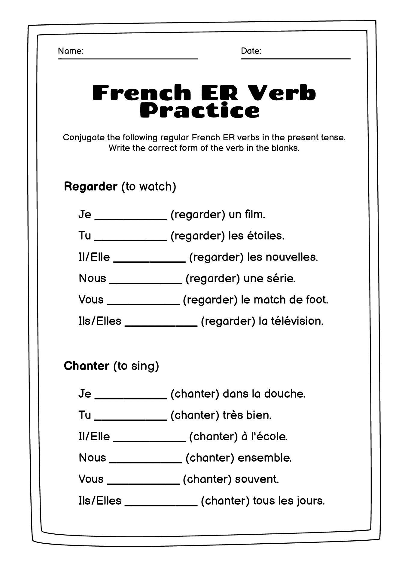 French ER Verb Practice Worksheet