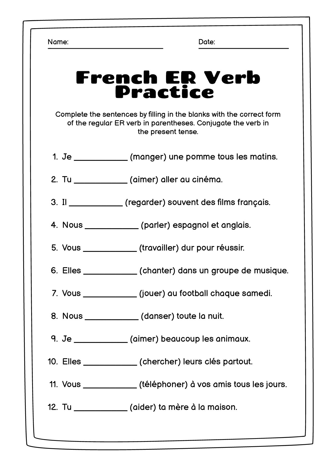 French Regular ER Verb Exercises Sheet