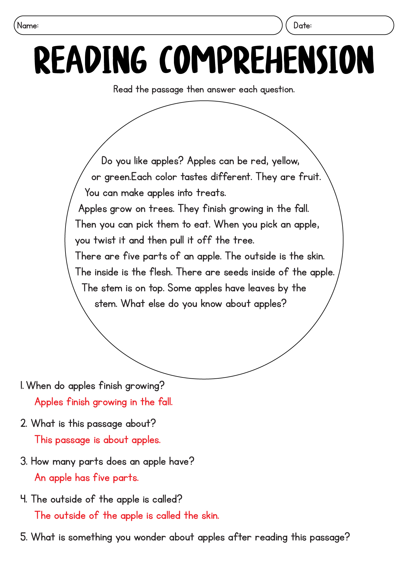 Grade Level Reading Comprehension Worksheets with Answers