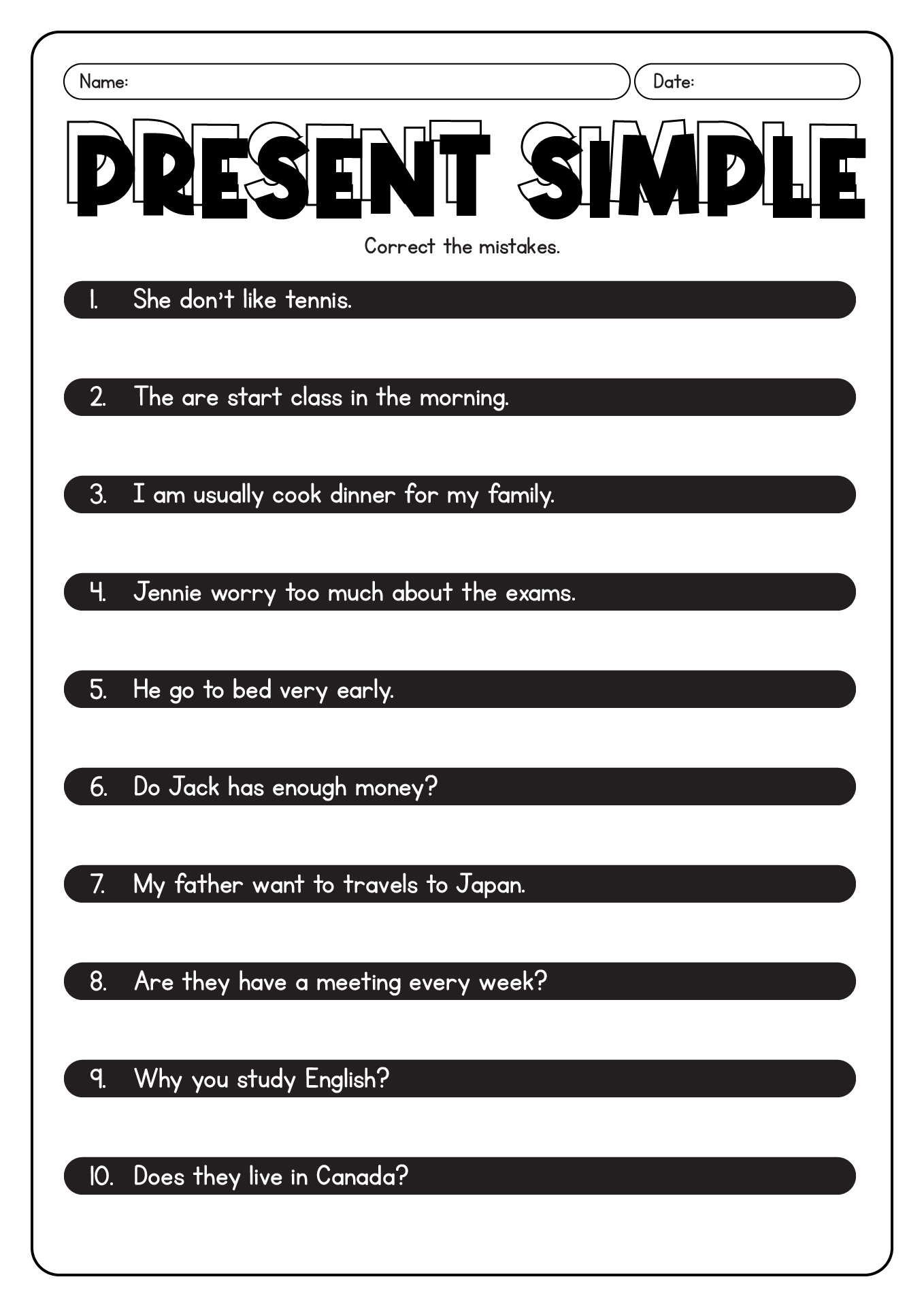 Grammar Worksheets on English Present Simple Tense