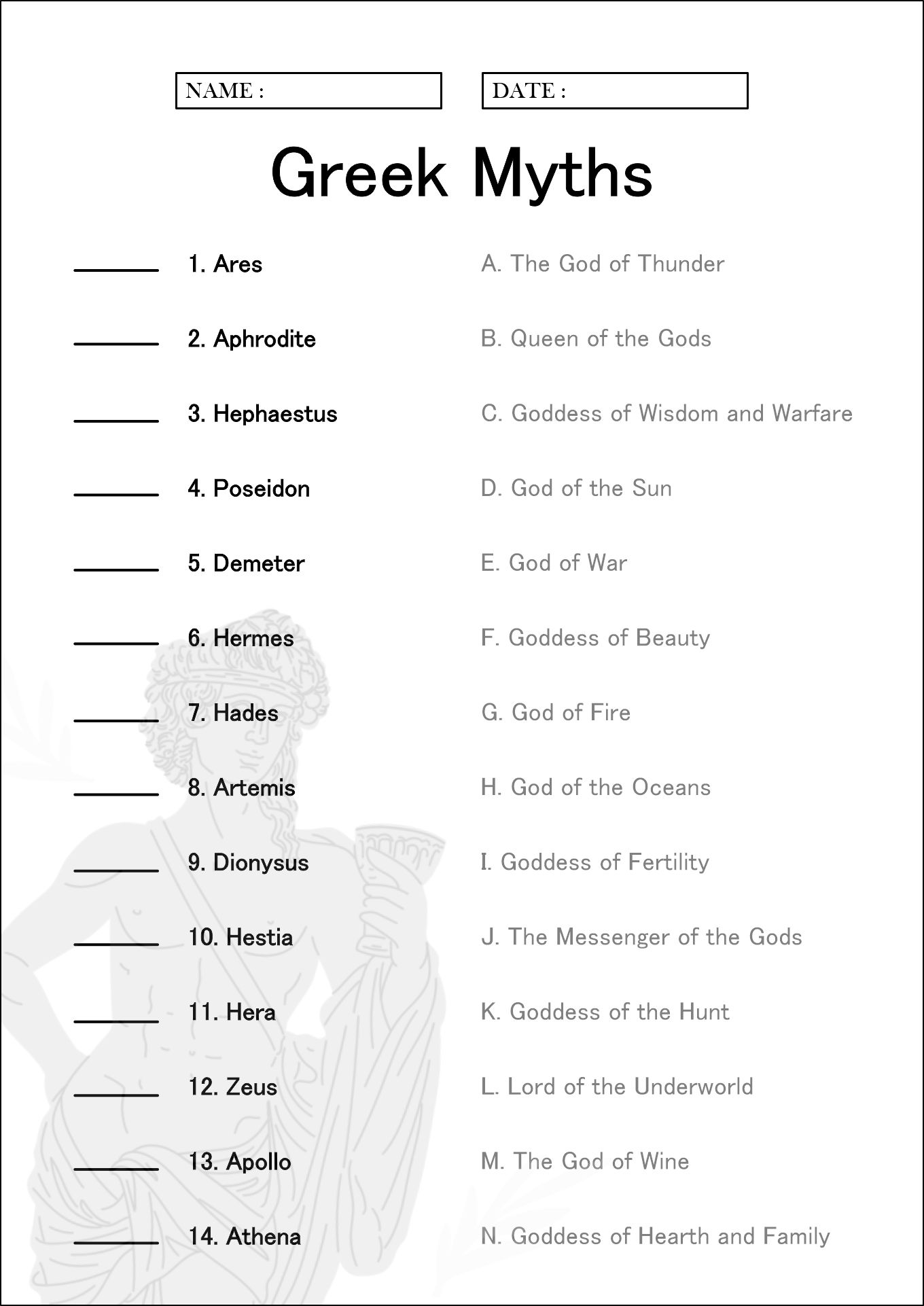 Greek Mythology Worksheets for 6th Graders