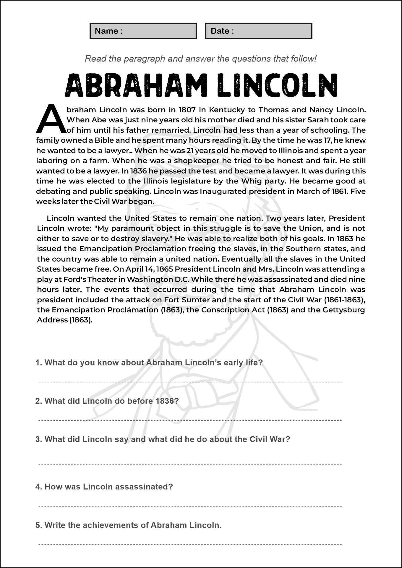 History Worksheet for 7th Grade