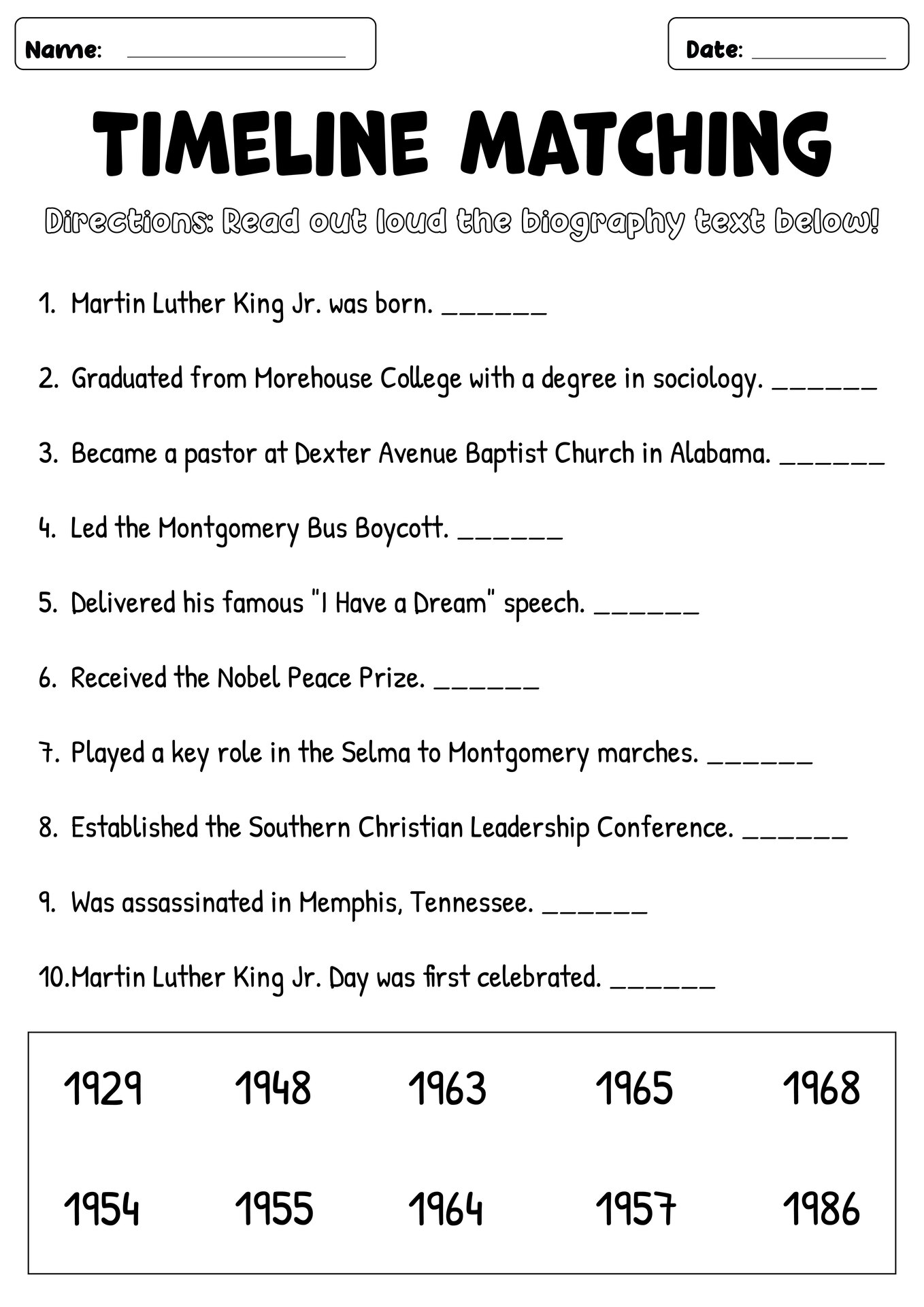 Martin Luther King Jr History Worksheets for Kids