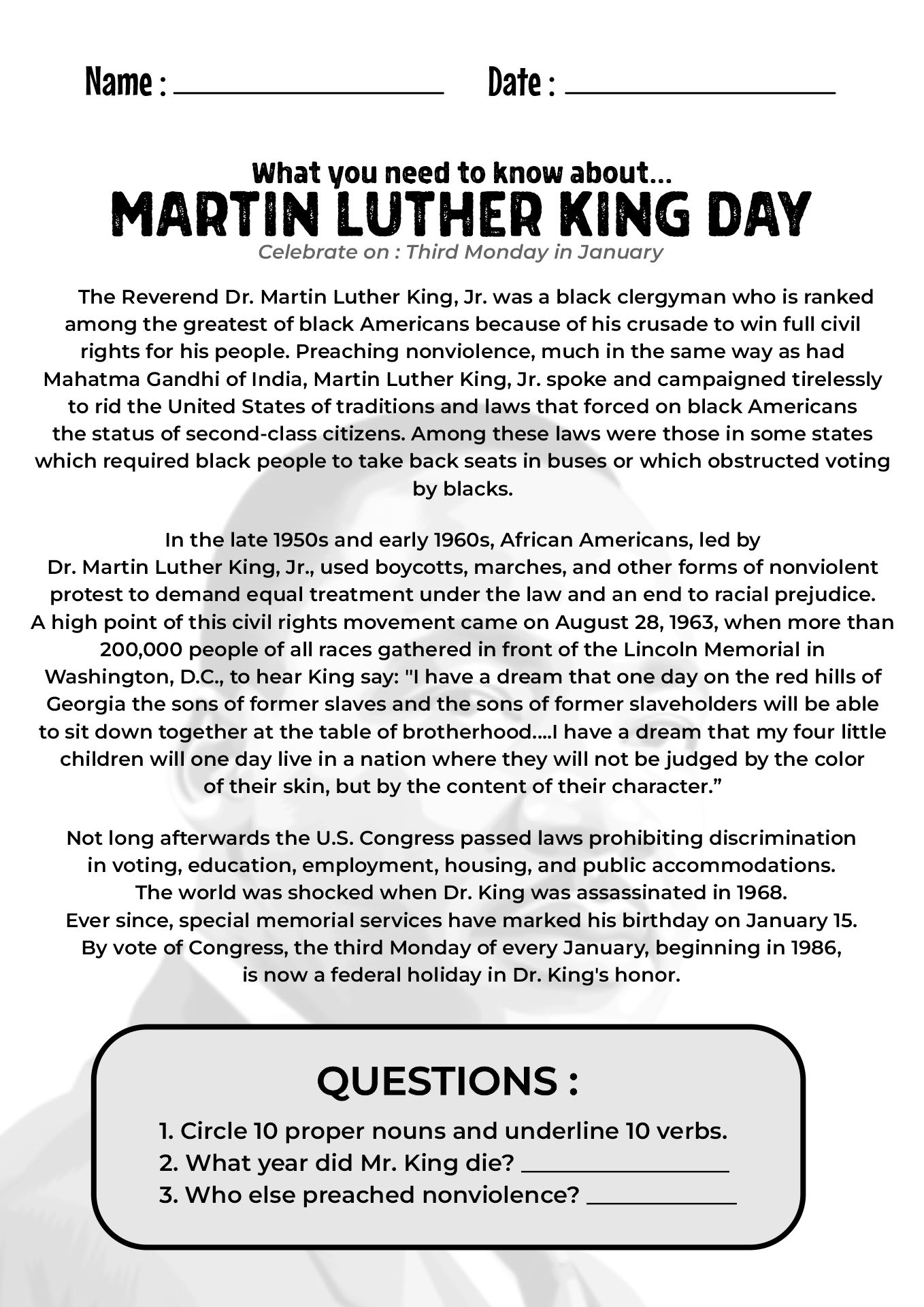 Martin Luther King Jr Reading Comprehension Printables