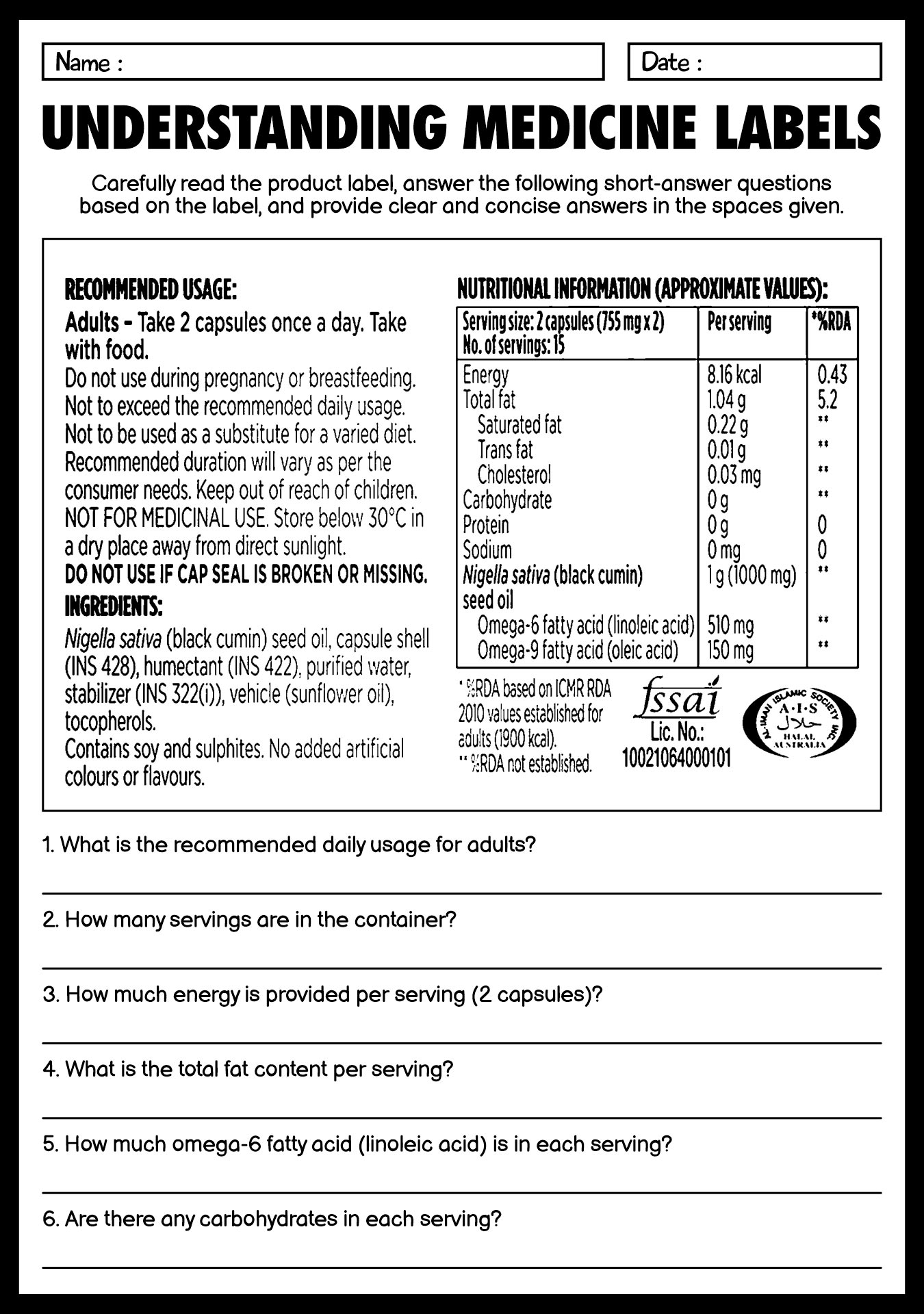 Medicine Label Understanding Worksheets with Questions