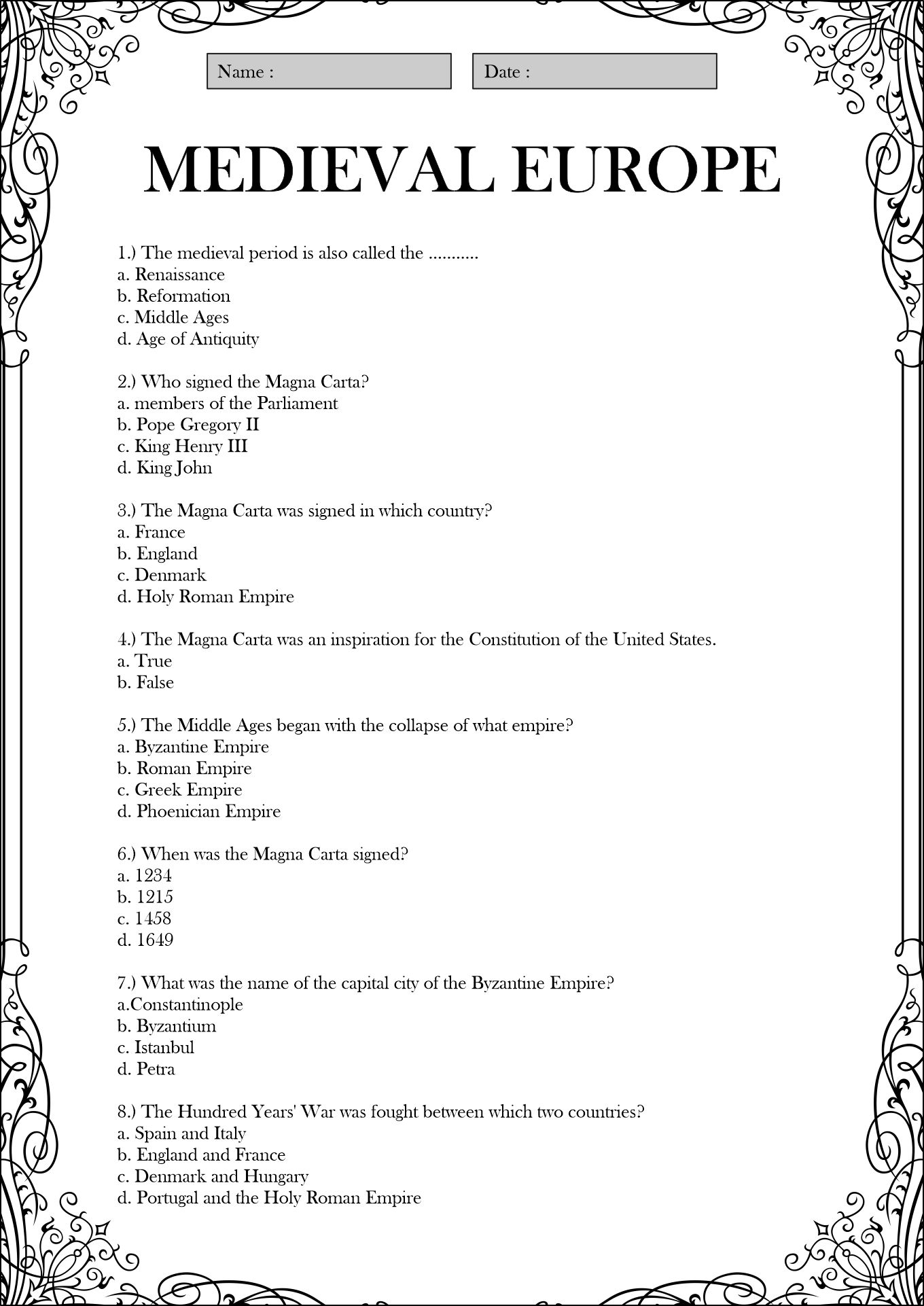 Medieval Europe 7th Grade History Worksheets