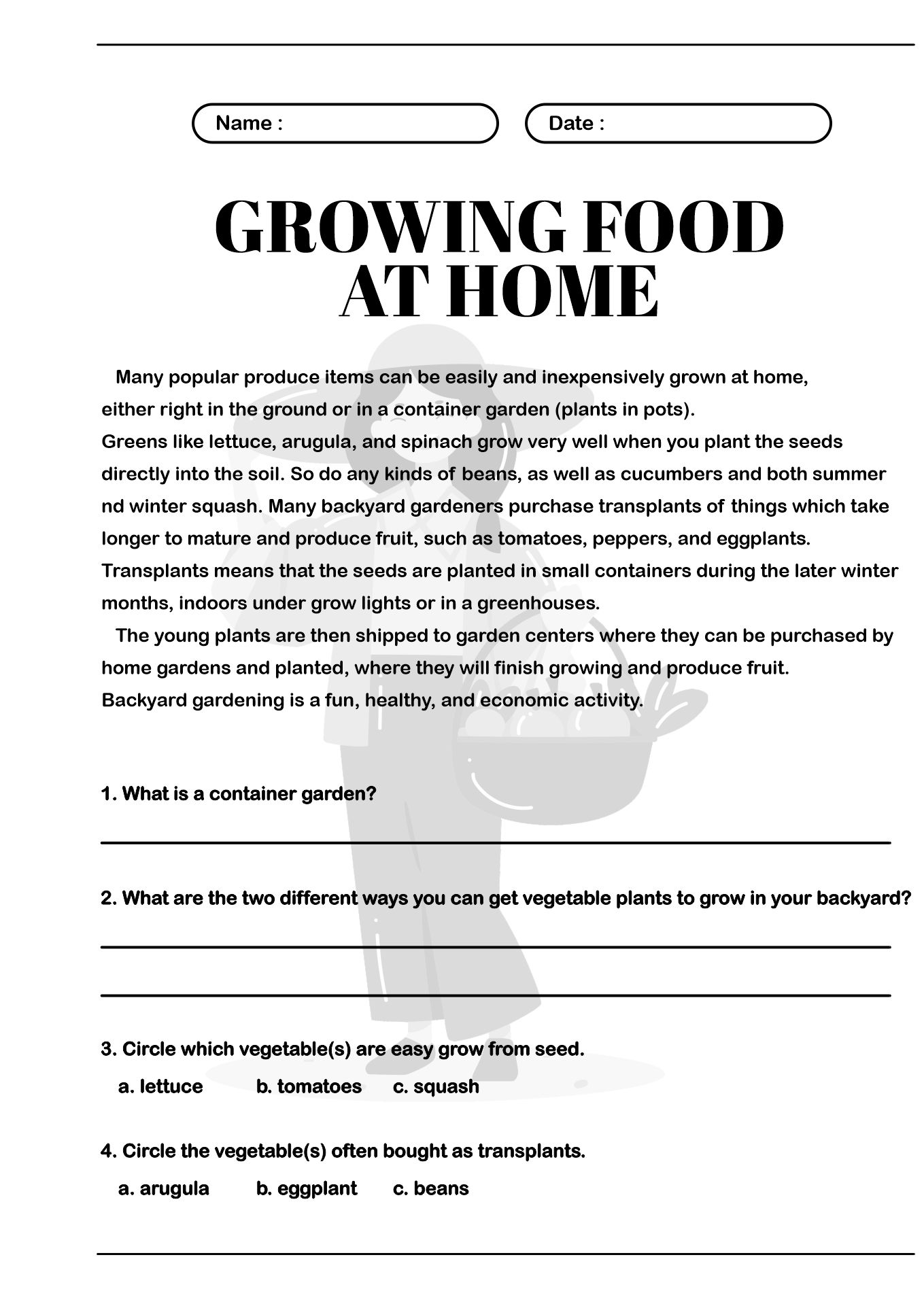 Middle School Agriculture Comprehension Worksheets