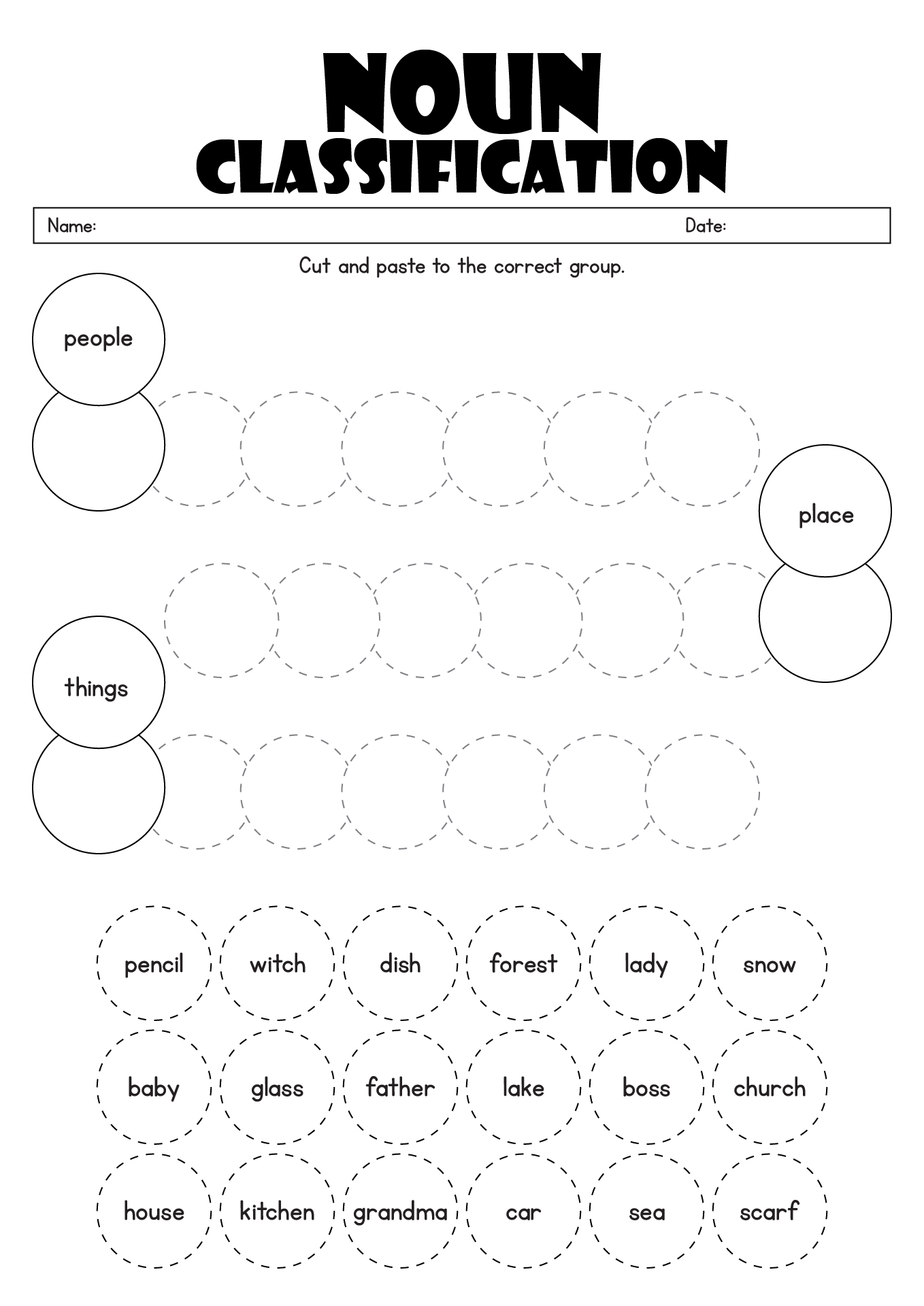 Noun Classification Worksheet Cut and Paste