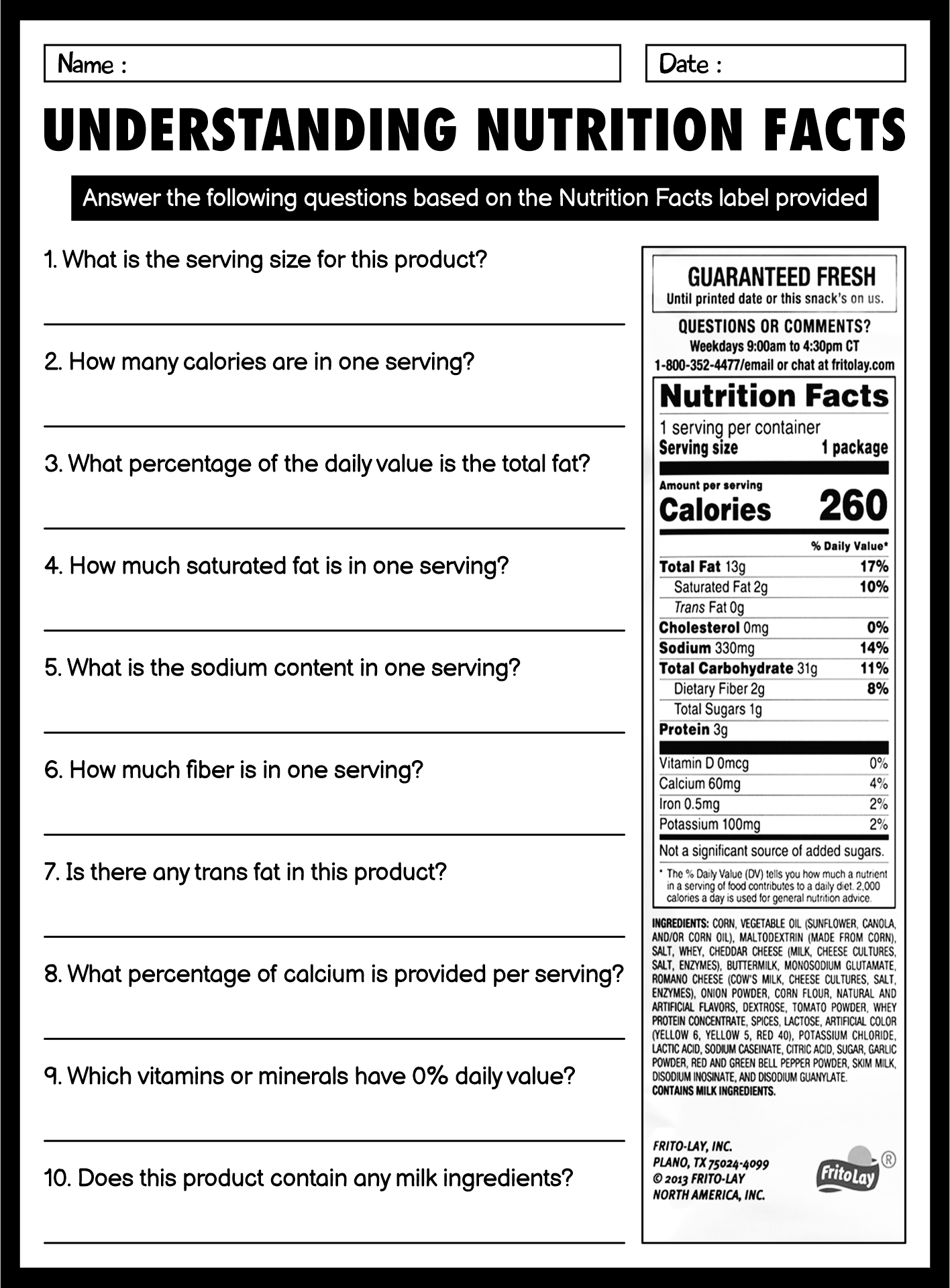 Nutrition Facts Label Reading Worksheets with Questions