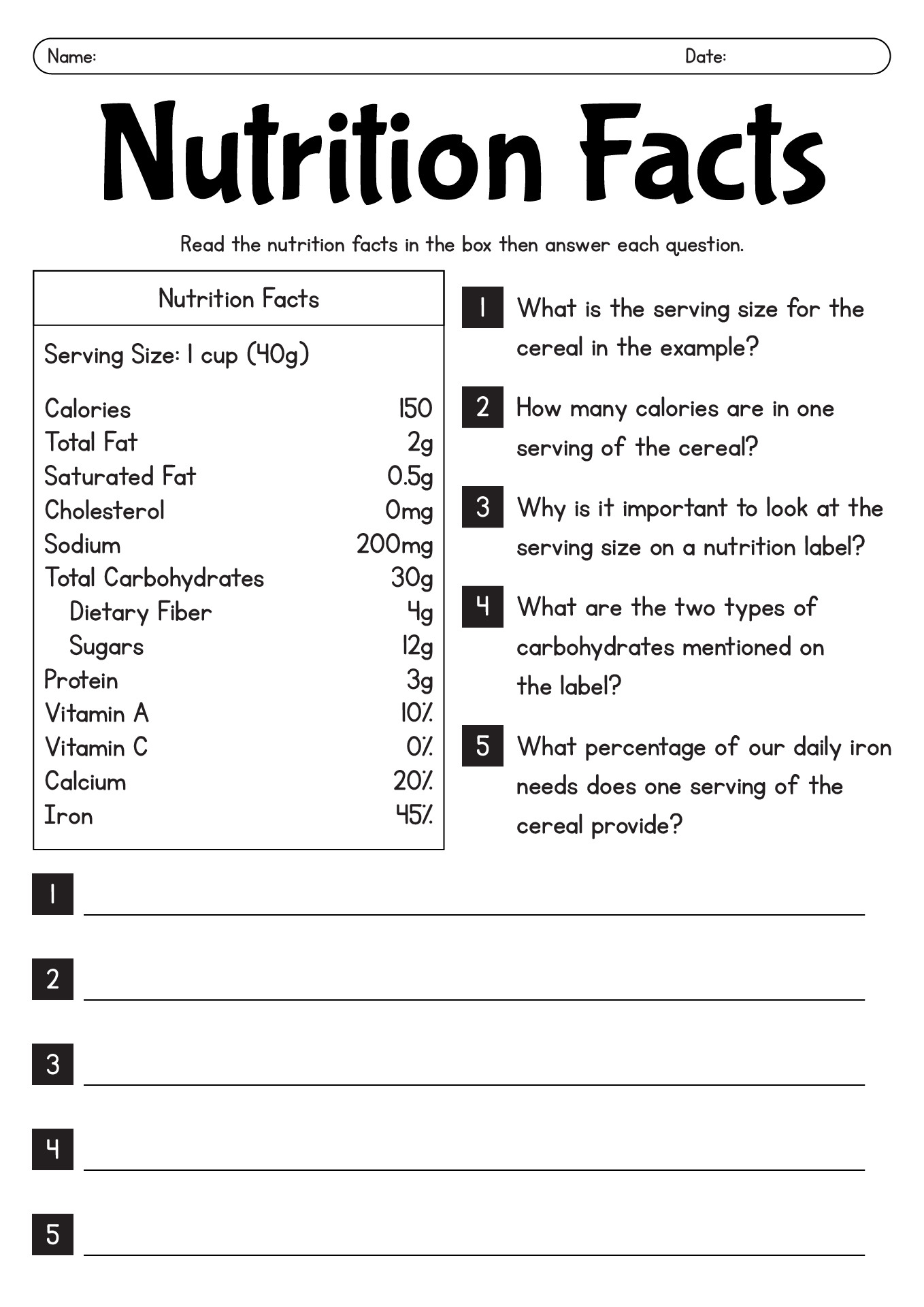 Nutrition Facts Reading Comprehension Worksheets