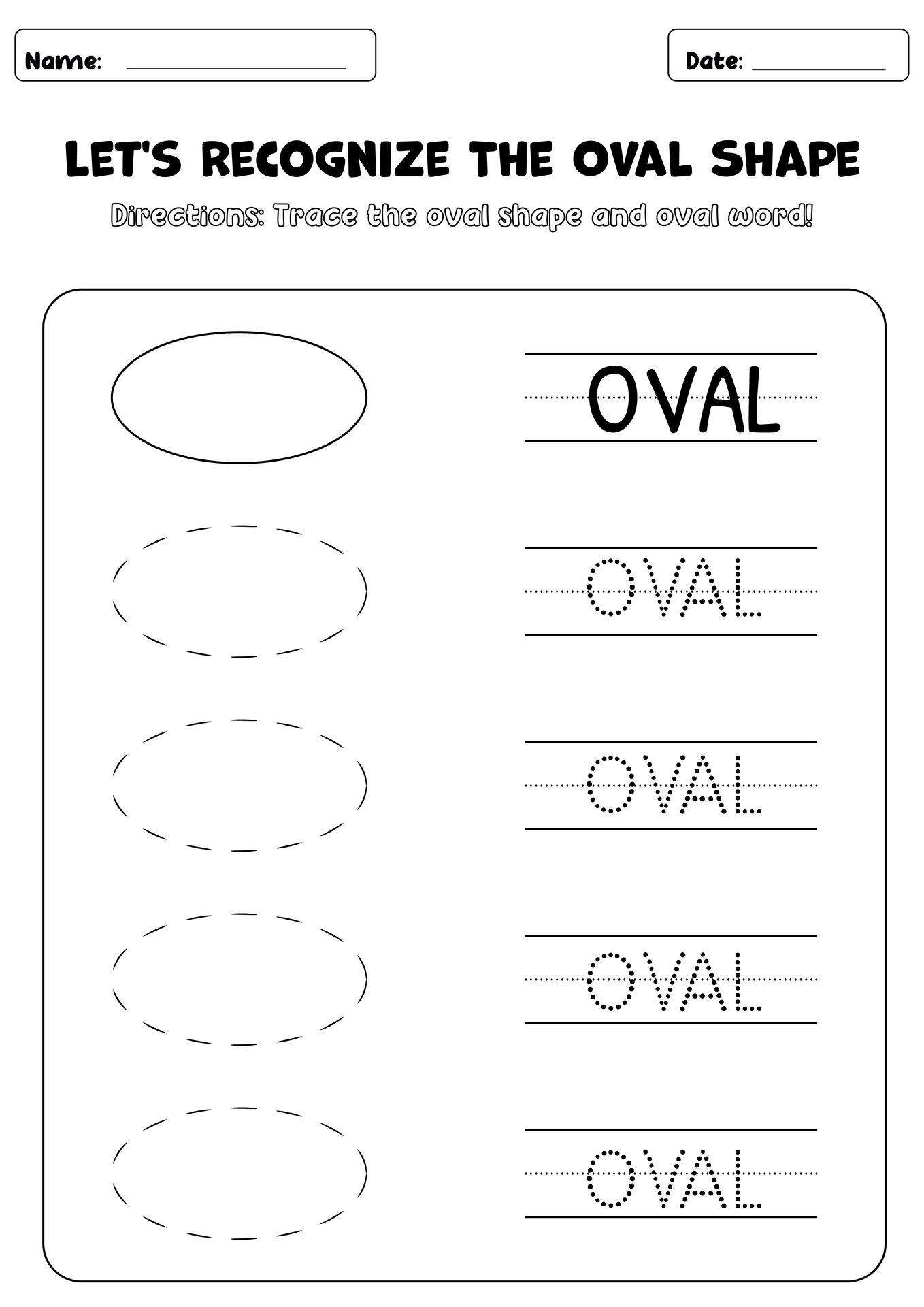 Oval Shape Recognition Worksheets for Preschoolers