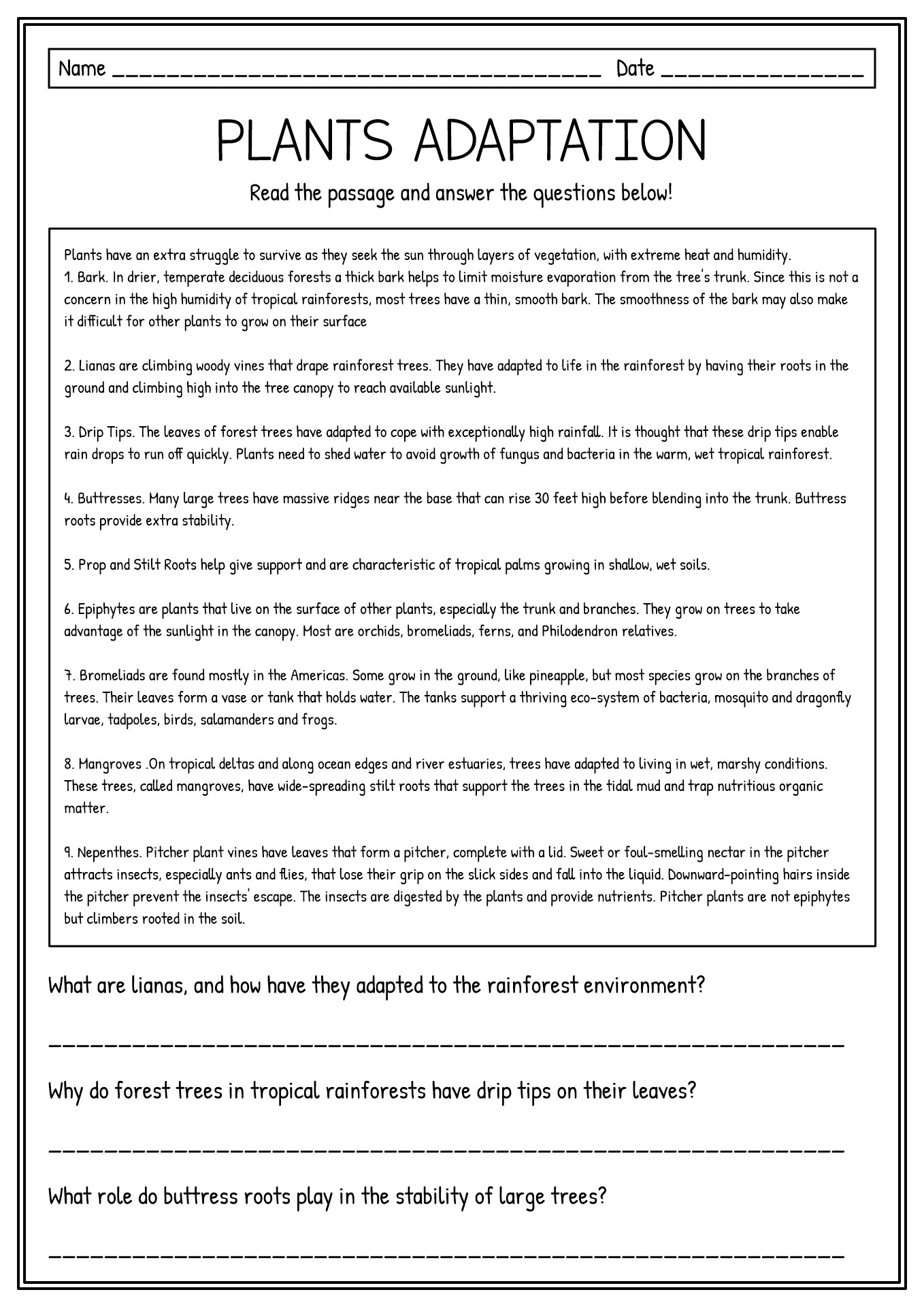 Plant Adaptations Reading Comprehension Worksheets