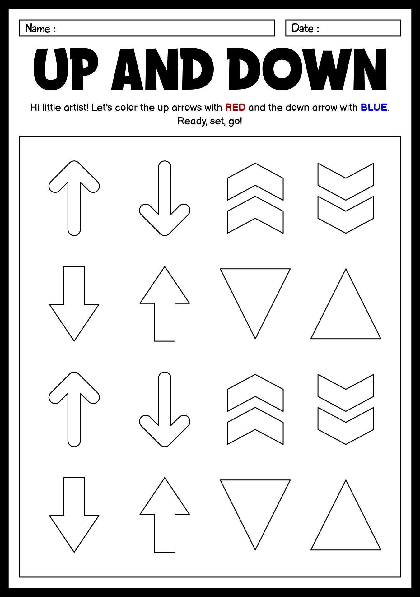 Pre-K Up and Down Recognition Worksheets