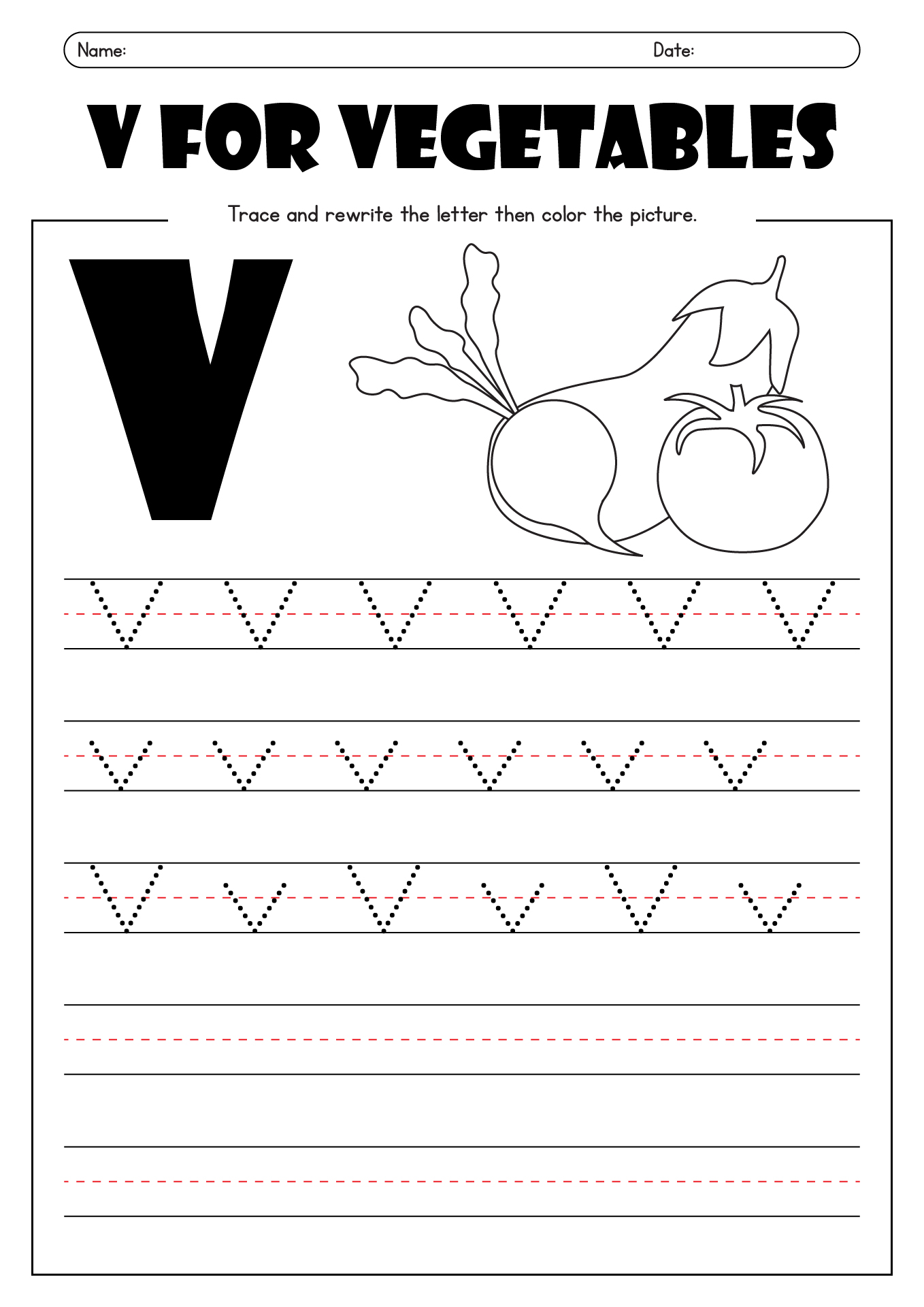 Preschool Alphabet V Vegetables Worksheet