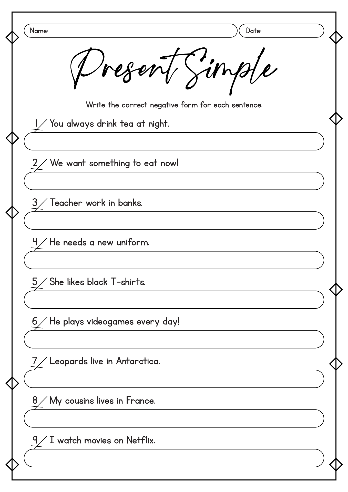 Present Simple Tense Activity Sheets for Students