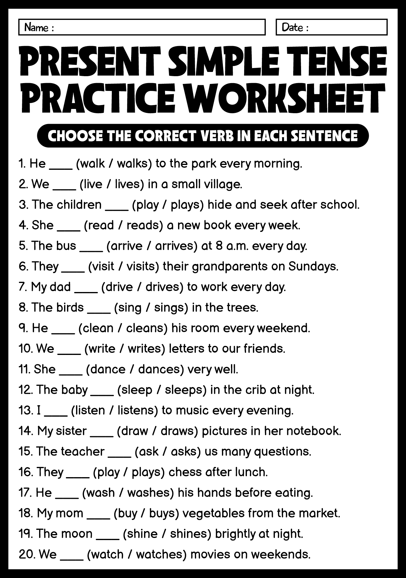 Present Simple Tense Practice Worksheet