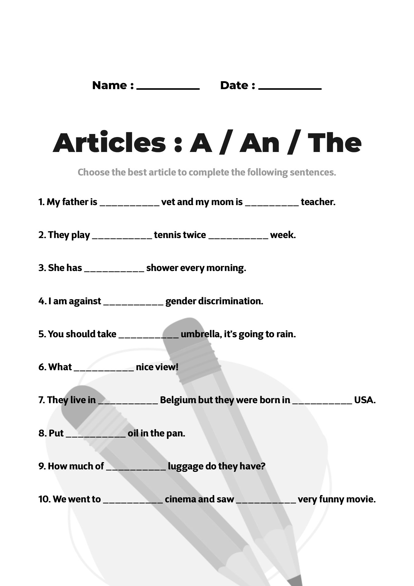 Printable English Articles Practice Worksheet