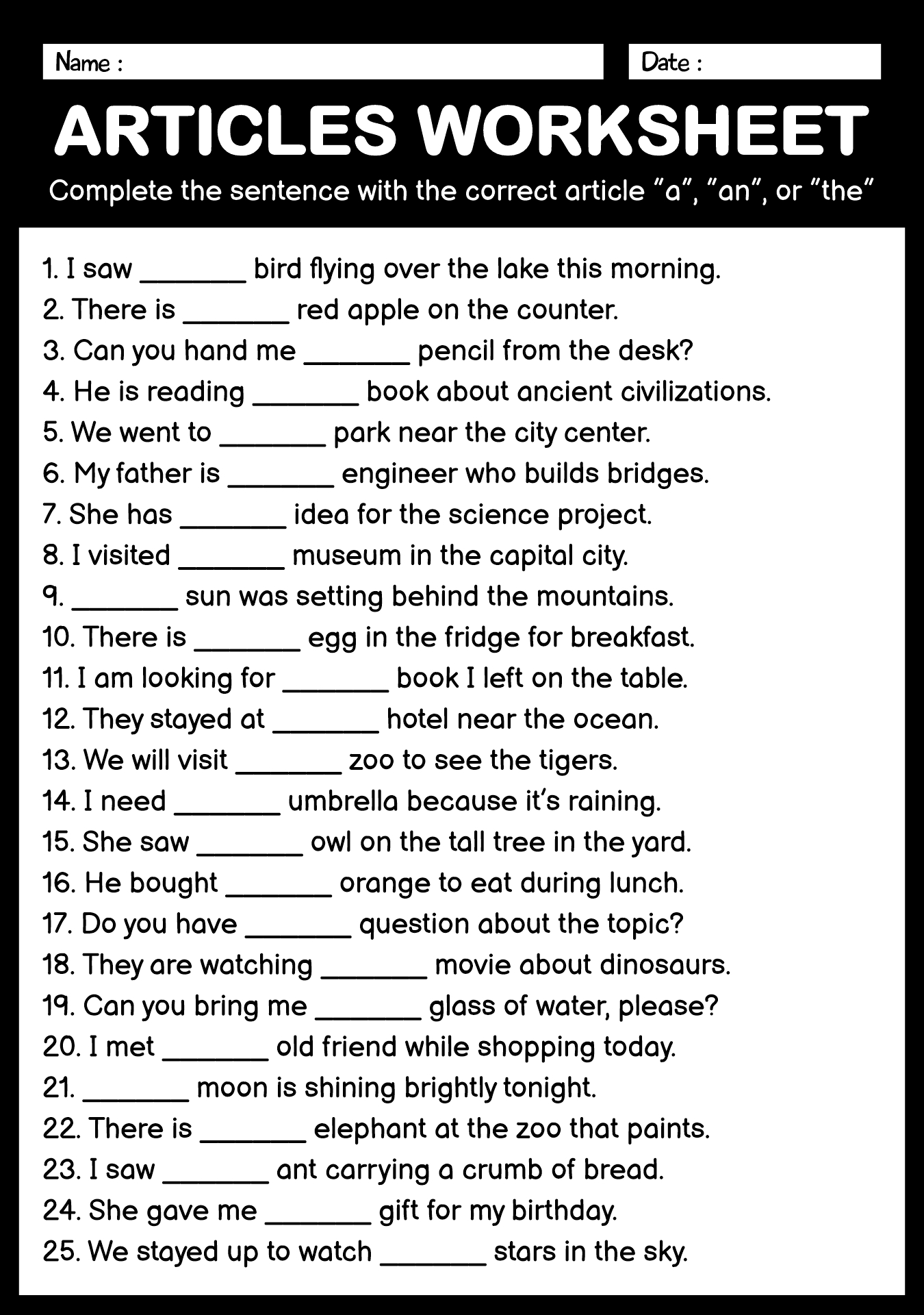 Printable English Articles Worksheet