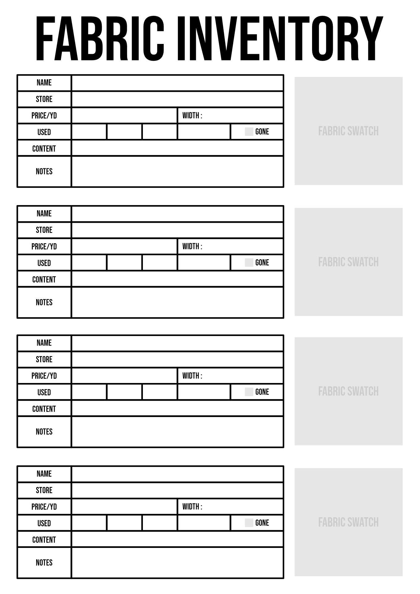 Printable Fabric Inventory Worksheets