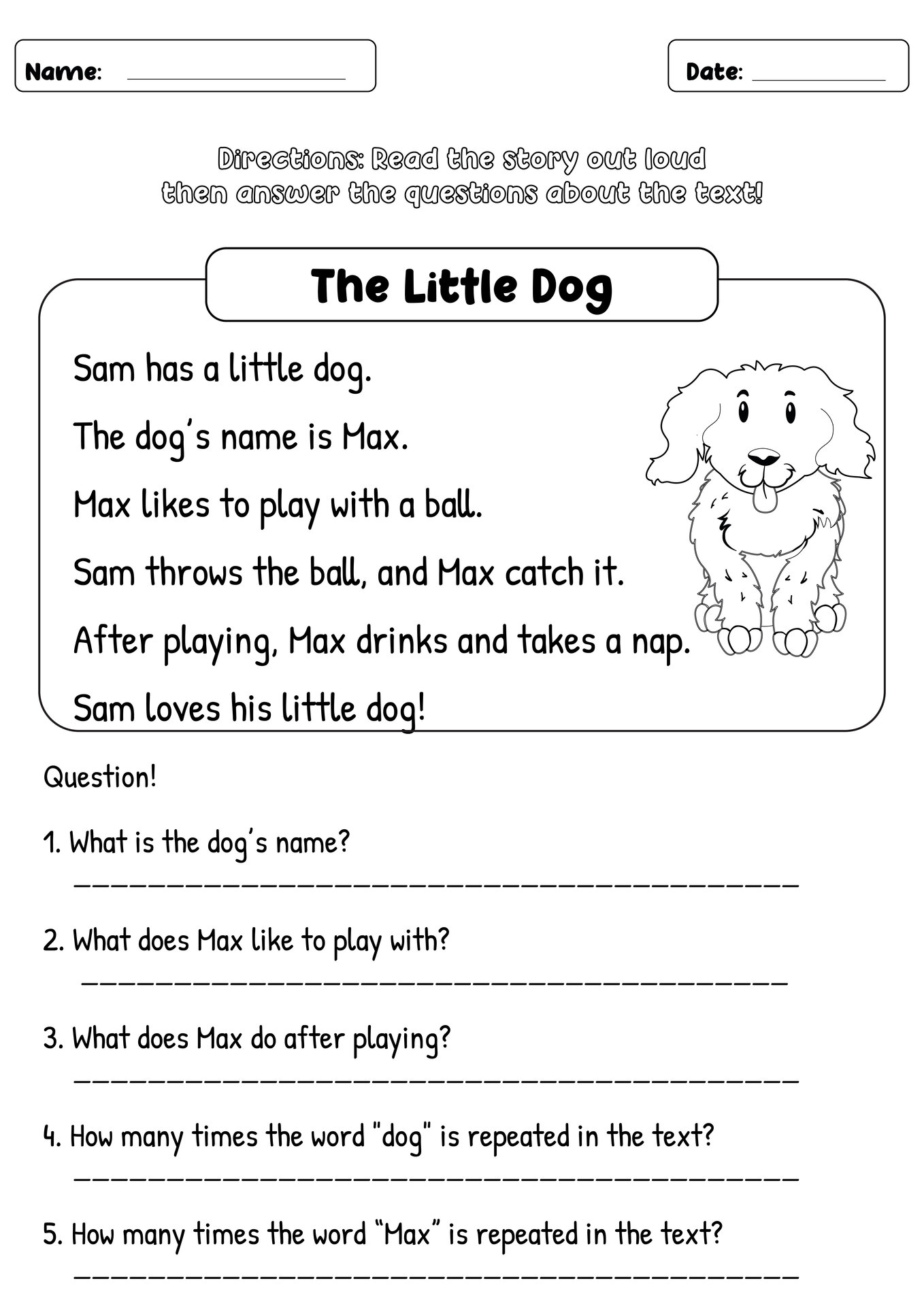 Printable First Grade Reading Practice Worksheet