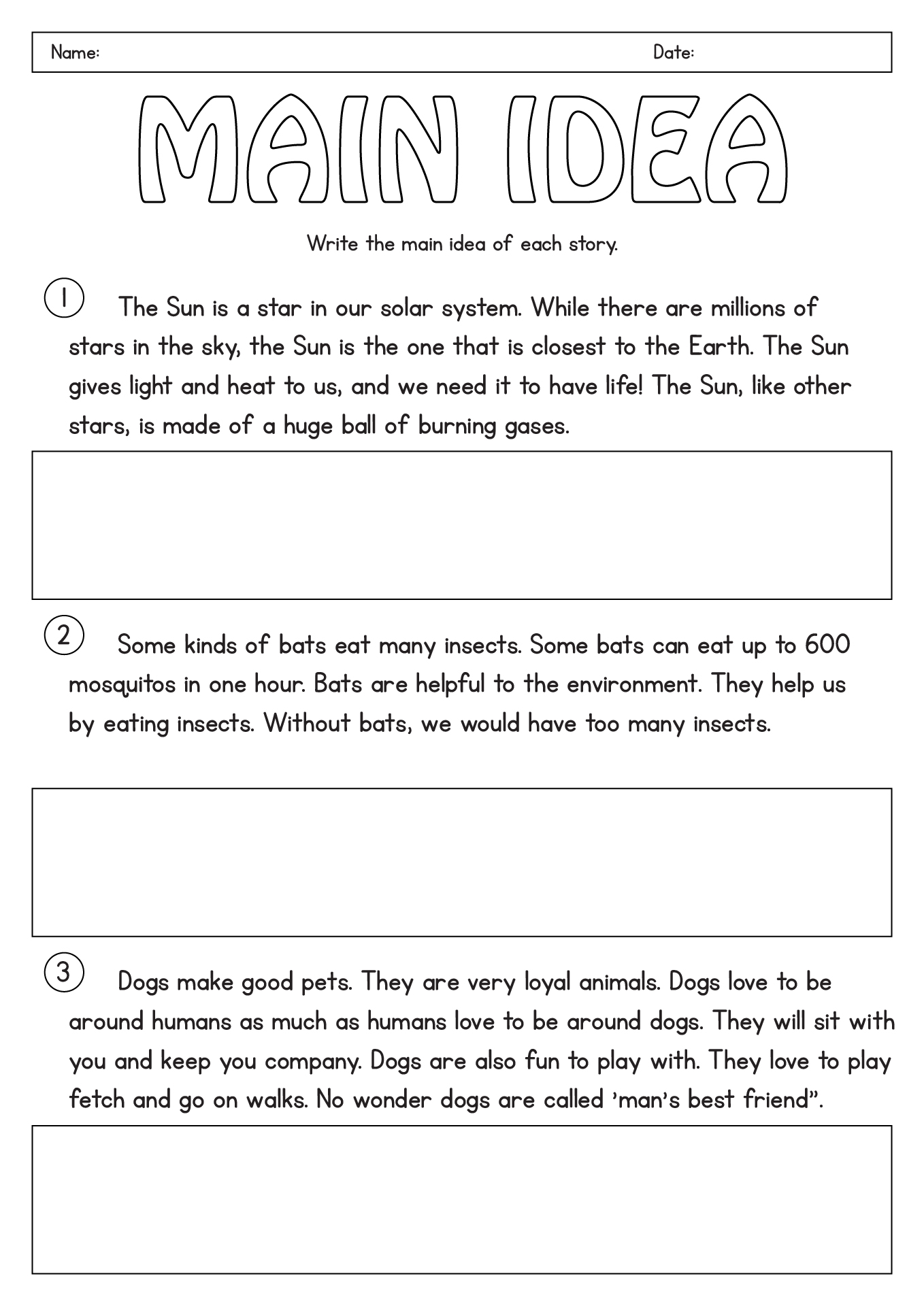 Printable Main Idea Worksheets for First Graders