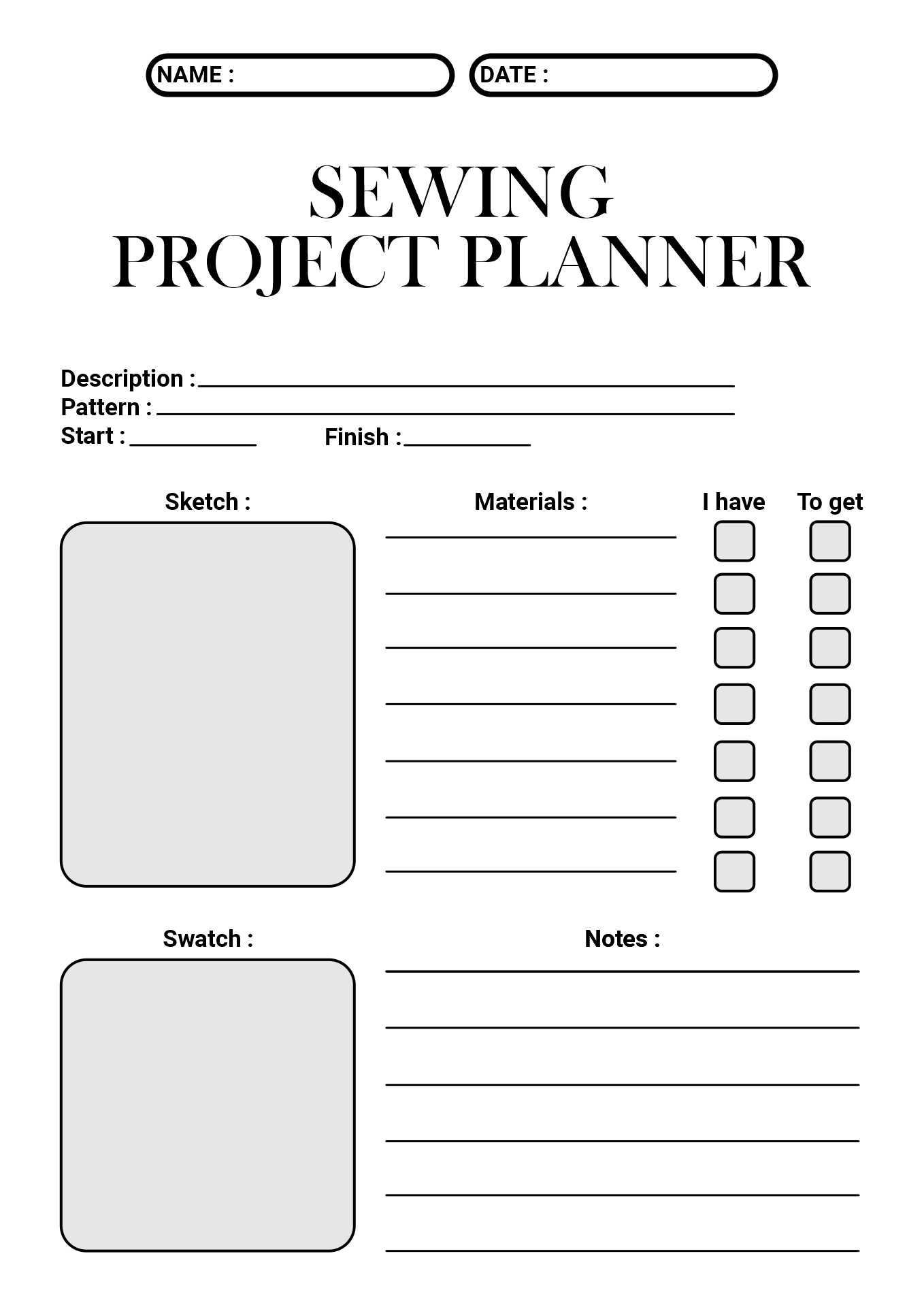 Printable Sewing Project Planner Worksheets