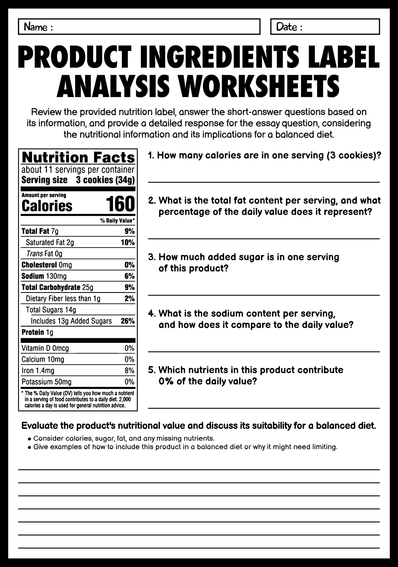 Product Ingredients Label Analysis Worksheets with Questions