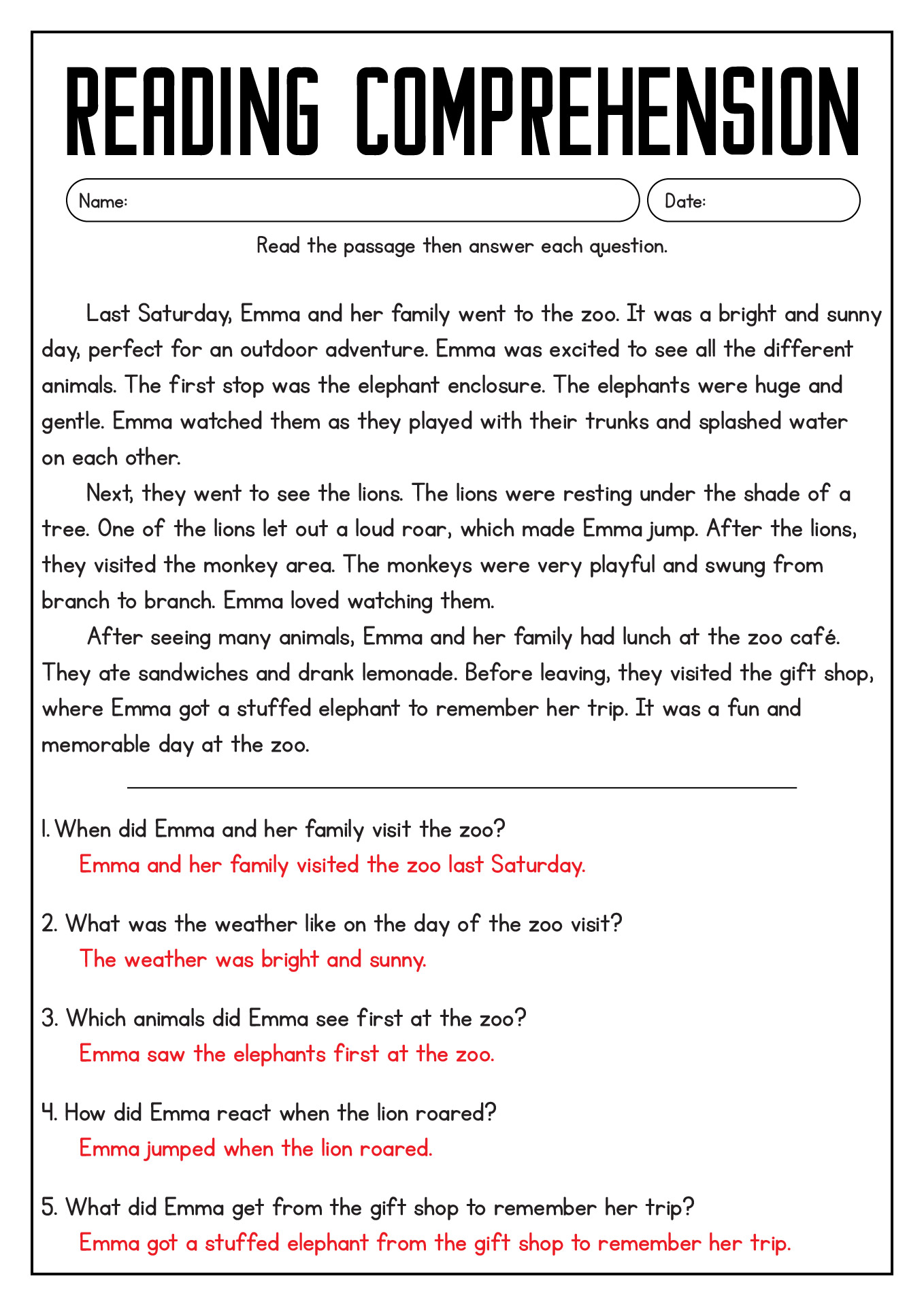 Reading Comprehension Worksheets with Questions and Answers