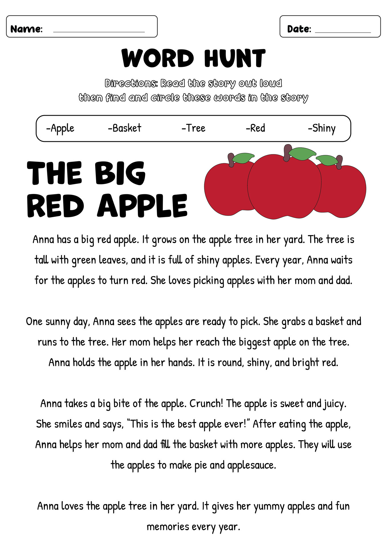 Reading Exercise for First Grade Students