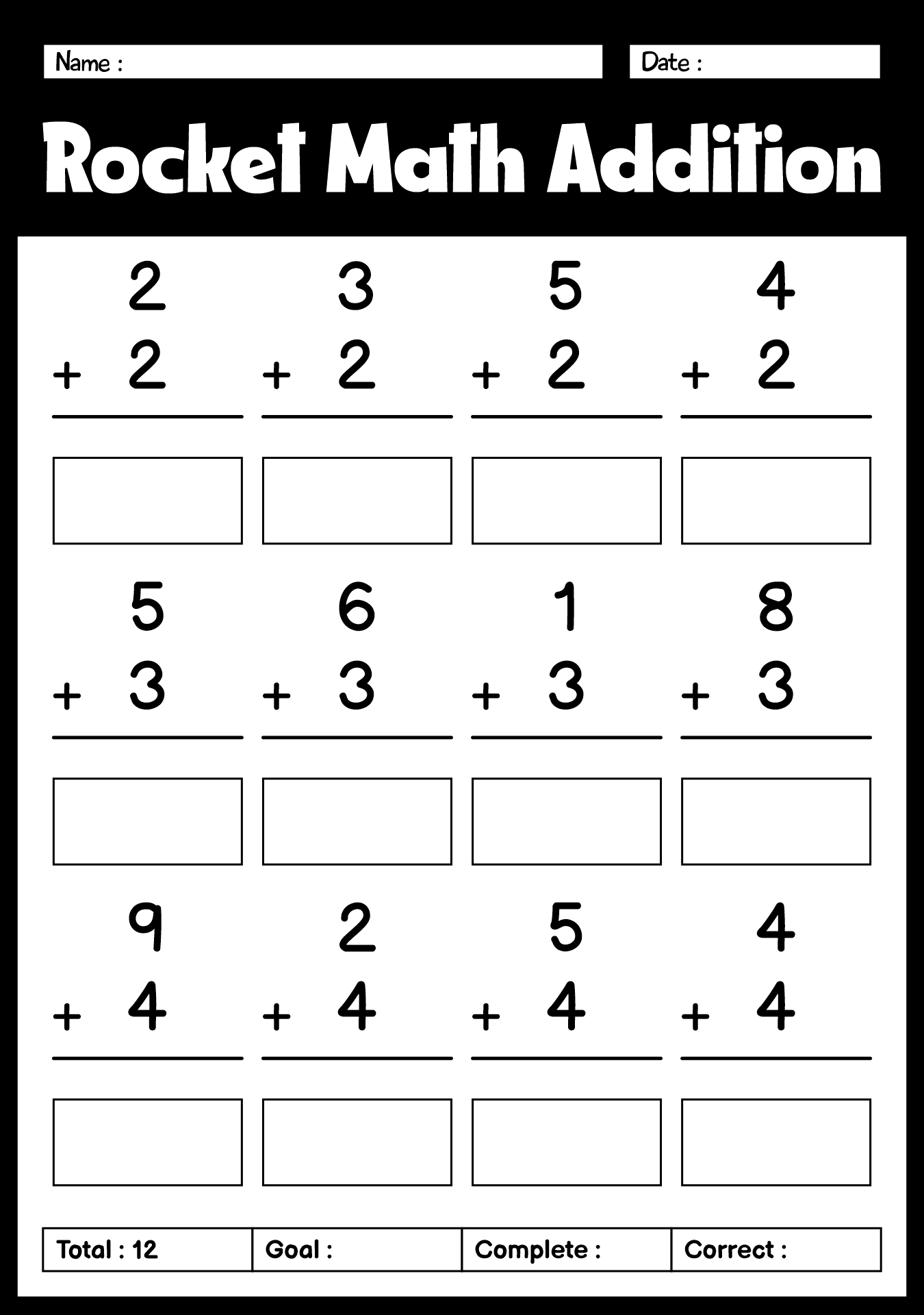 Rocket Math Addition Practice Sheets