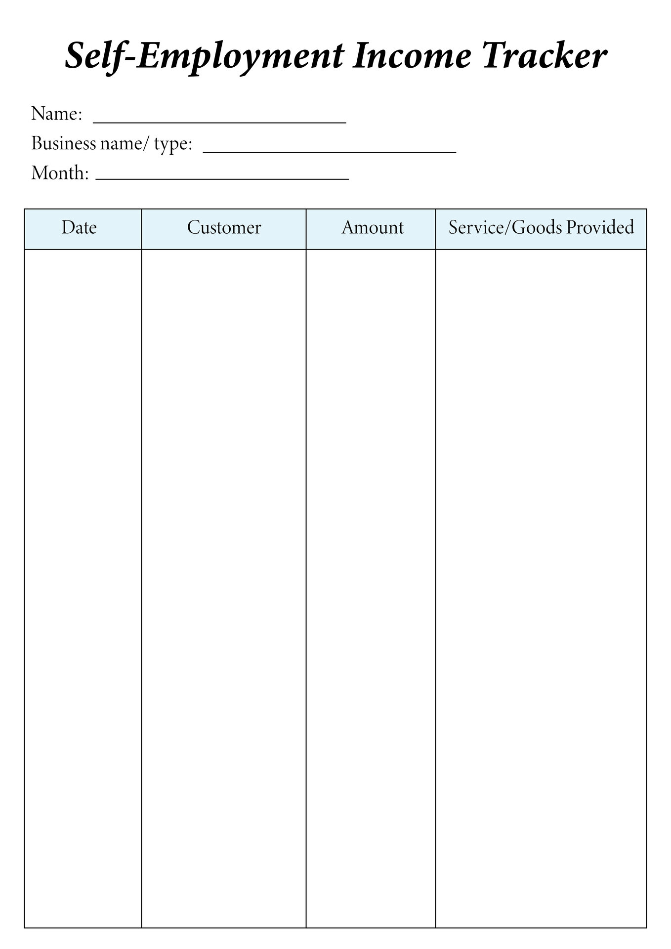 Self-Employment Income Tracking Worksheet