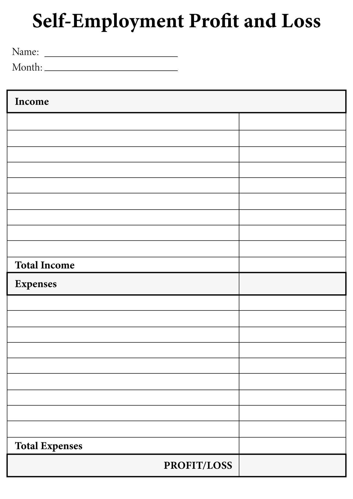 Self-Employment Profit and Loss Worksheet