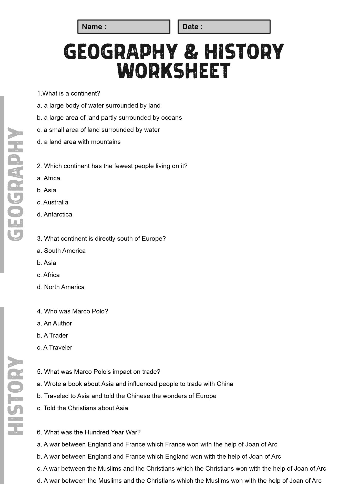 Seventh Grade Geography and History Combined Worksheets