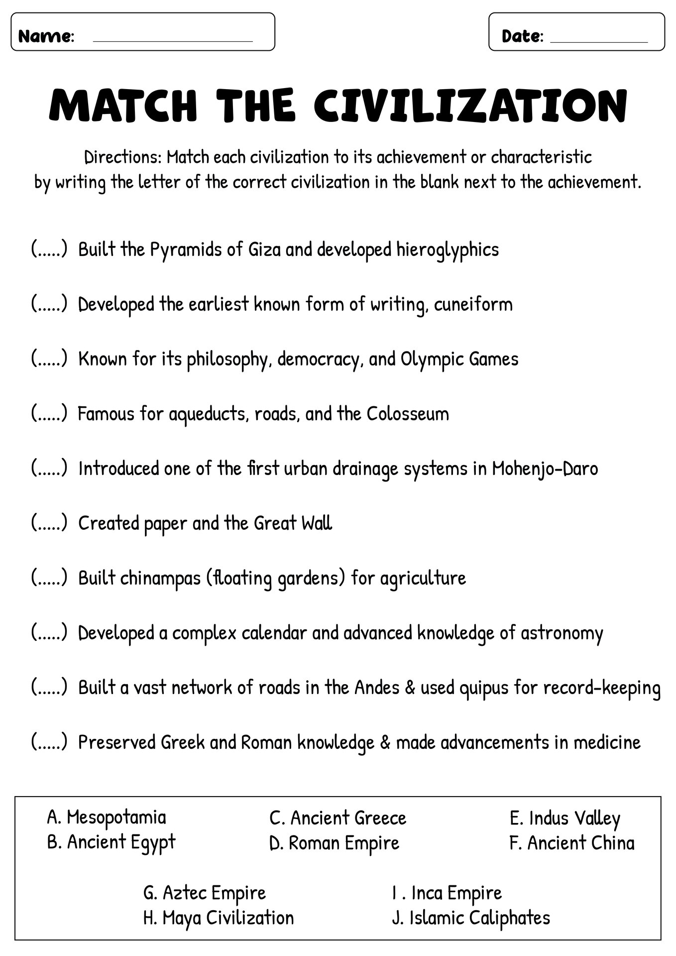 Seventh Grade History Practice Sheets