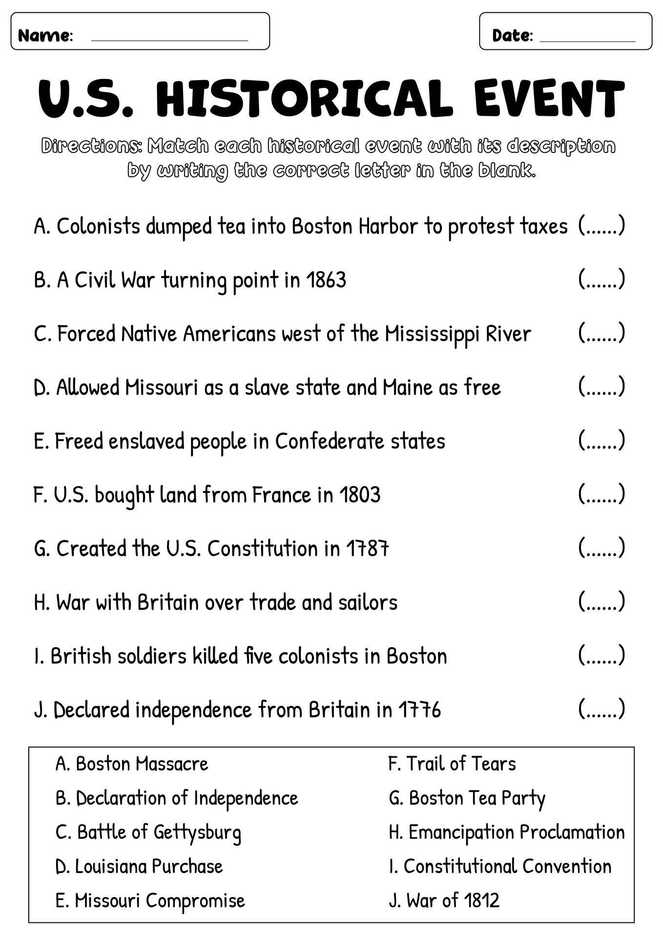 Seventh Grade U.S. History Challenge Worksheets