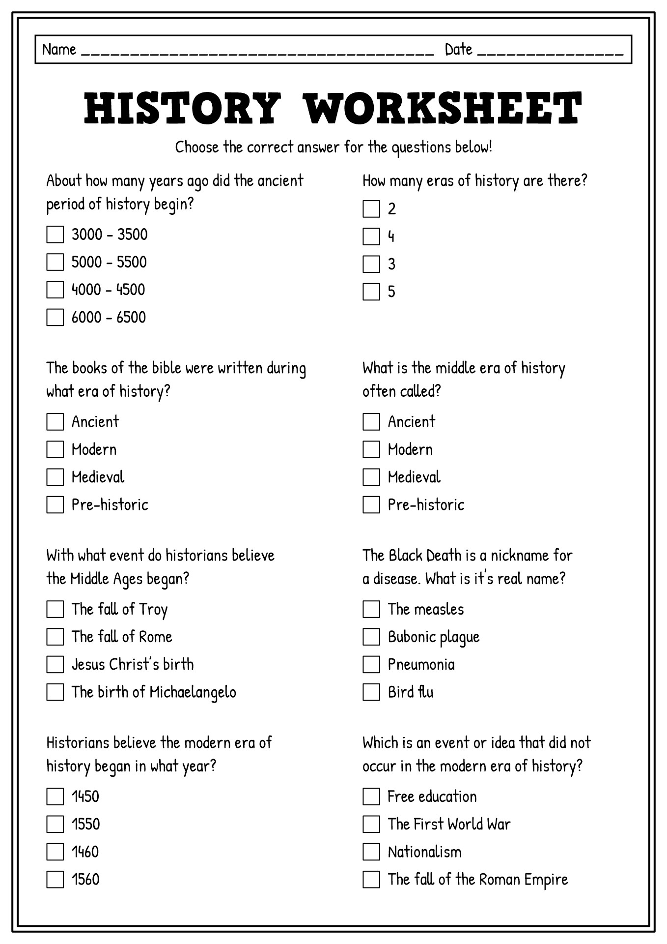 Seventh Grade World History Activity Sheets