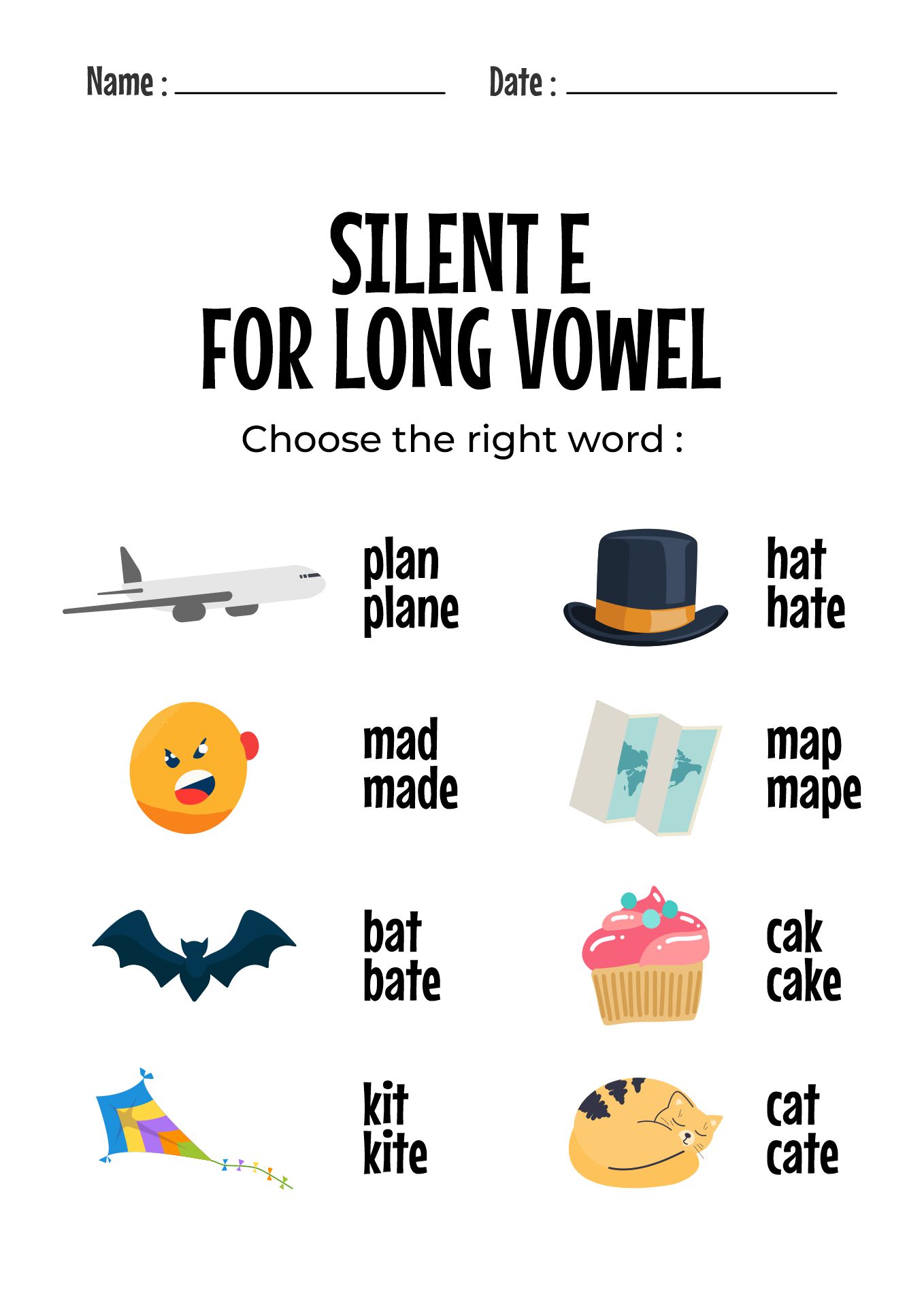 Silent E Worksheets for Long Vowel