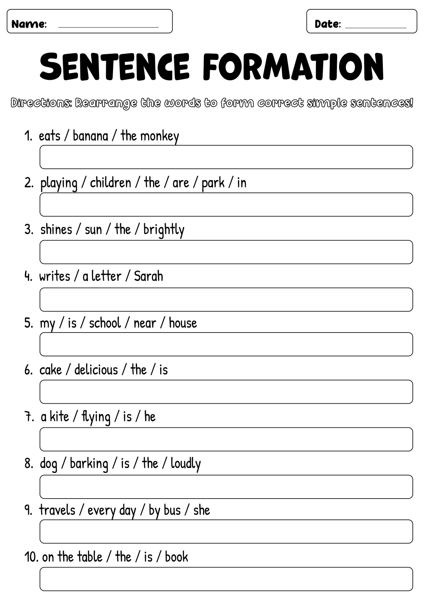 Simple Sentence Structure Practice Sheets for Beginners