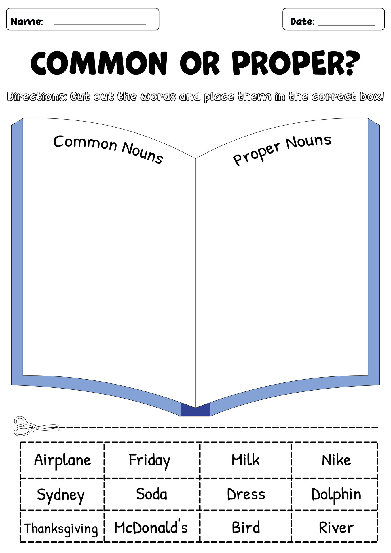 Sort and Paste Common vs Proper Nouns Worksheet